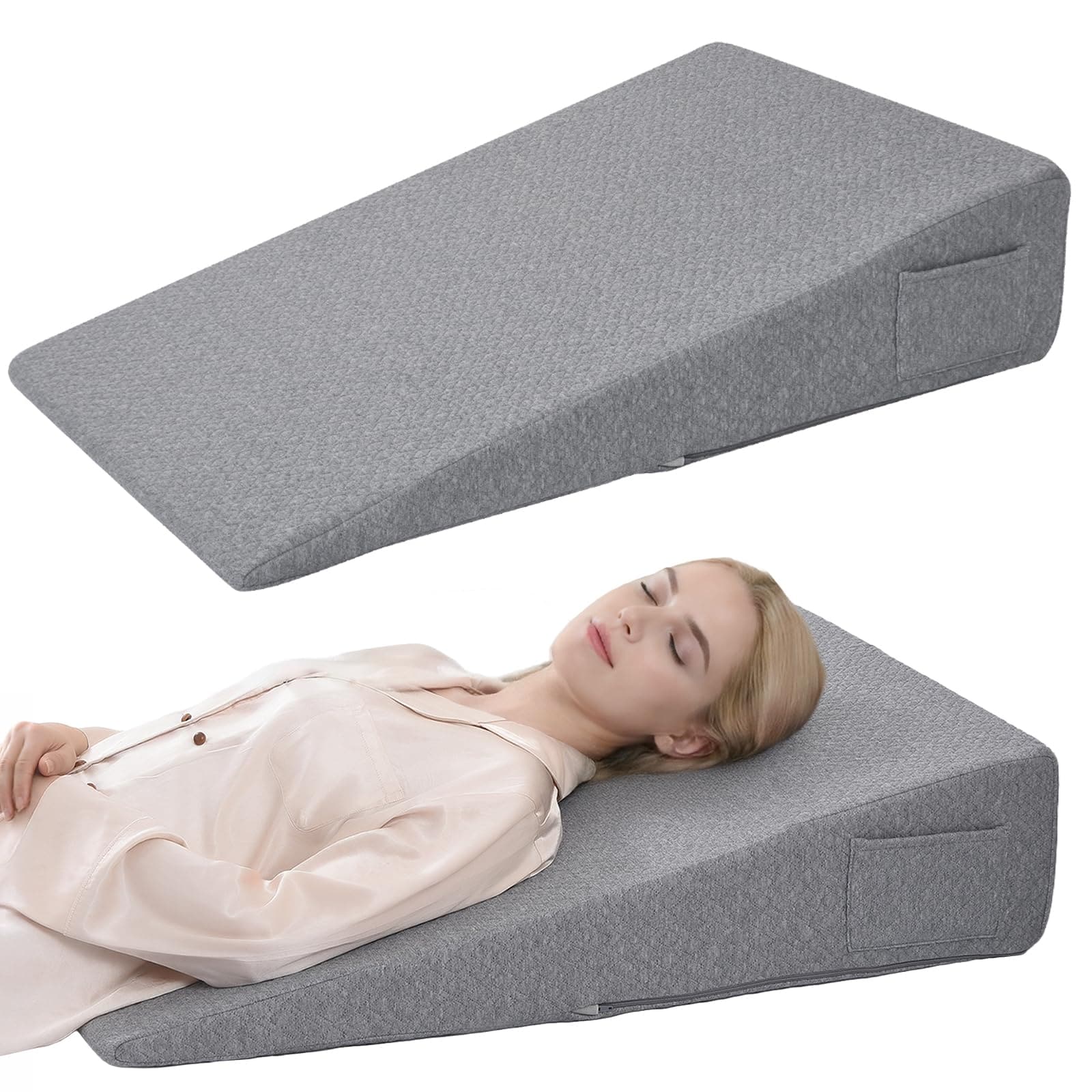 YICSAM Gray Extra Long 34x22x7.5 inch Soft Supportive Bed Wedge Pillow With Removable Cover Side Pocket Back Arm Relief