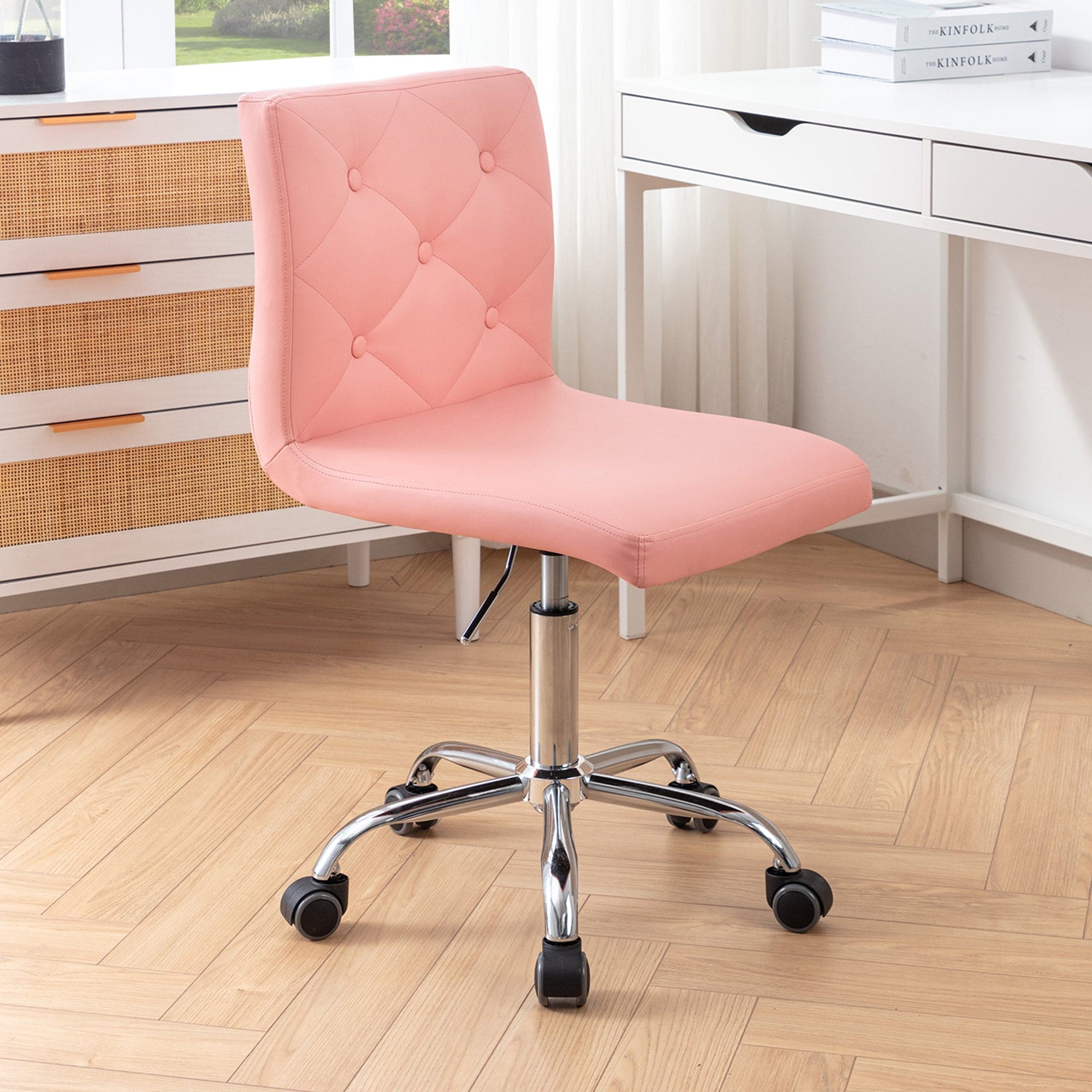Vecelo LOE-OC05-PNK Armless Office Desk Chair Modern Tufted Task Chair Faux Leather Upholstered Computer Chair with Adjustable Seat Height