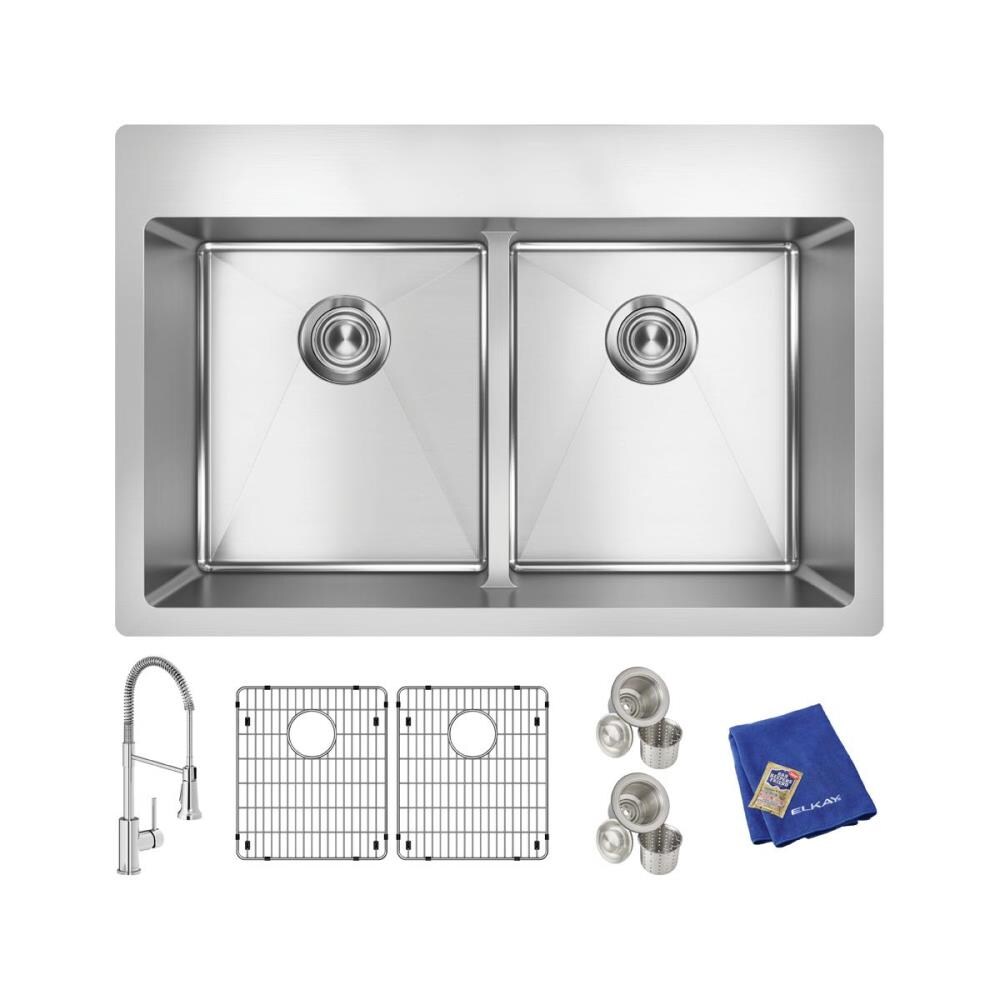 Elkay Crosstown Dual Mount 33 In X 22 In Polished Satin Double Equal Bowl 1 Hole Kitchen Sink All In One Kit In The Kitchen Sinks Department At Lowes Com