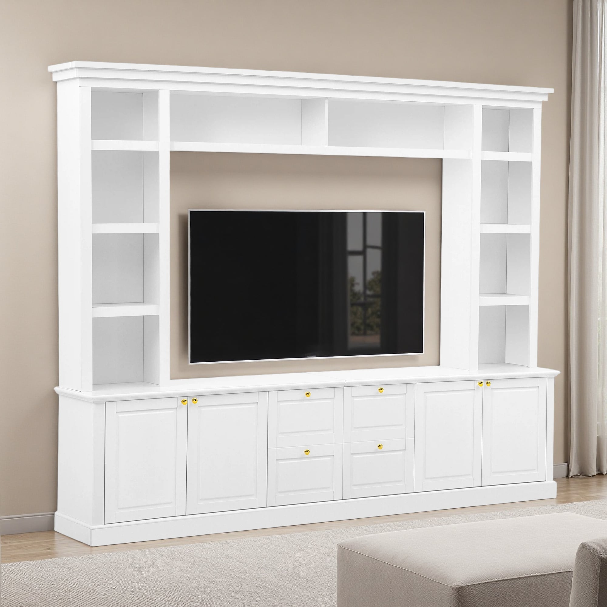 zwyo hosimu Entertainment Center Wall Unit TV Stand for TVs up to 70-in with Adjustable Shelves Bookcase Display Storage Cabinet Cable Management Tempered Glass Doors