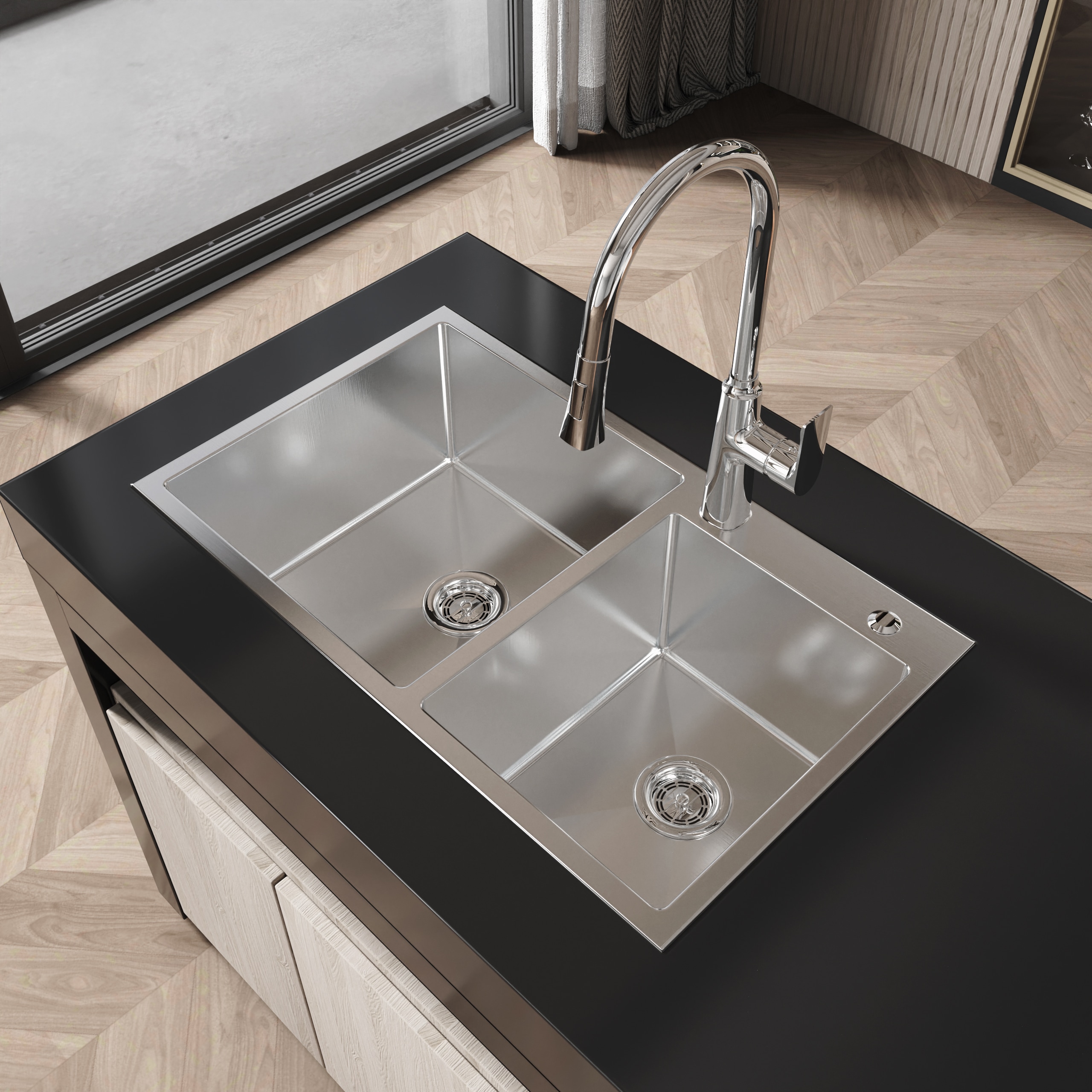 RITSU  Stainless Steel Kitchen Sink 32 in x19 in Double Bowl in Brushed Nickel Overmount Handmade Sink with US Standard Drain and Hook LS SSBR03 and 304 stainless steel construction and double bowl layout