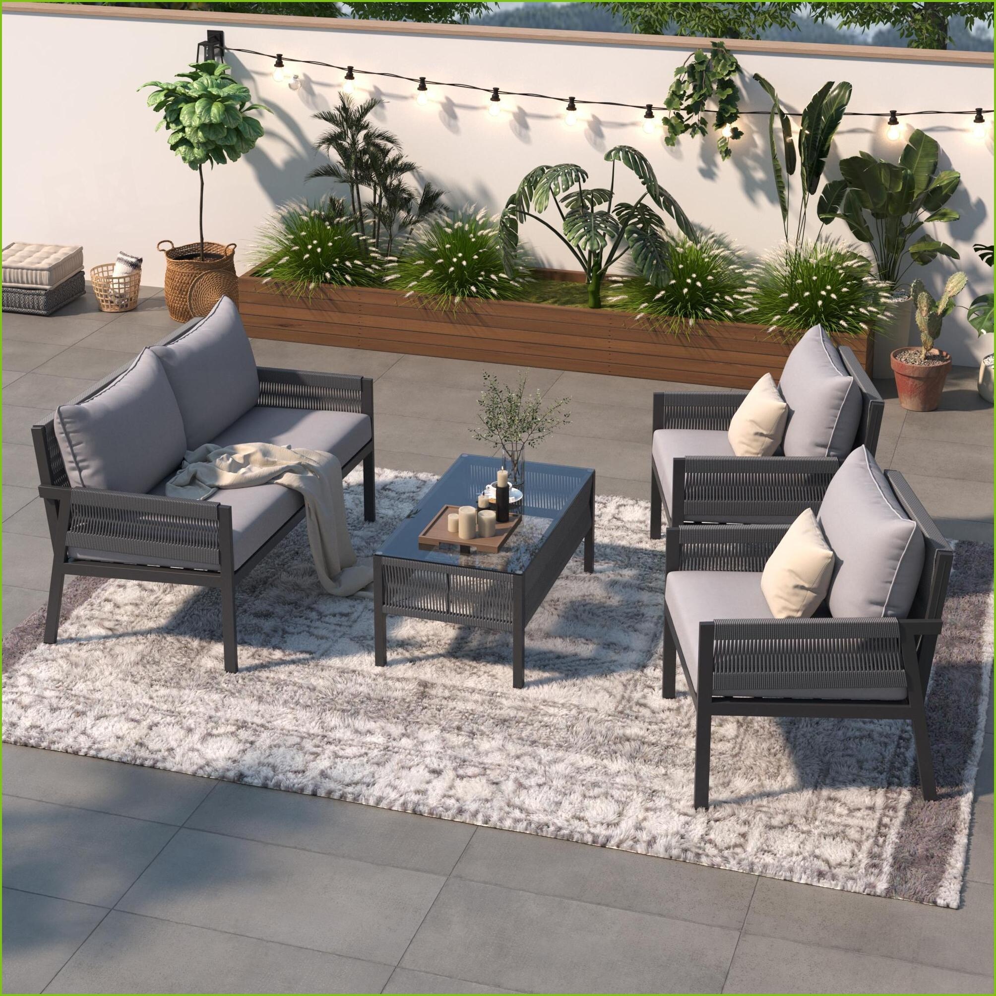 Watnature HW0LQ2GN7UYR Patio Furniture Set 4 Piece Deep Seating with Thick CushionsTempered Glass Table for Backyard Porch Balcony  Woven Rope  Light Gray