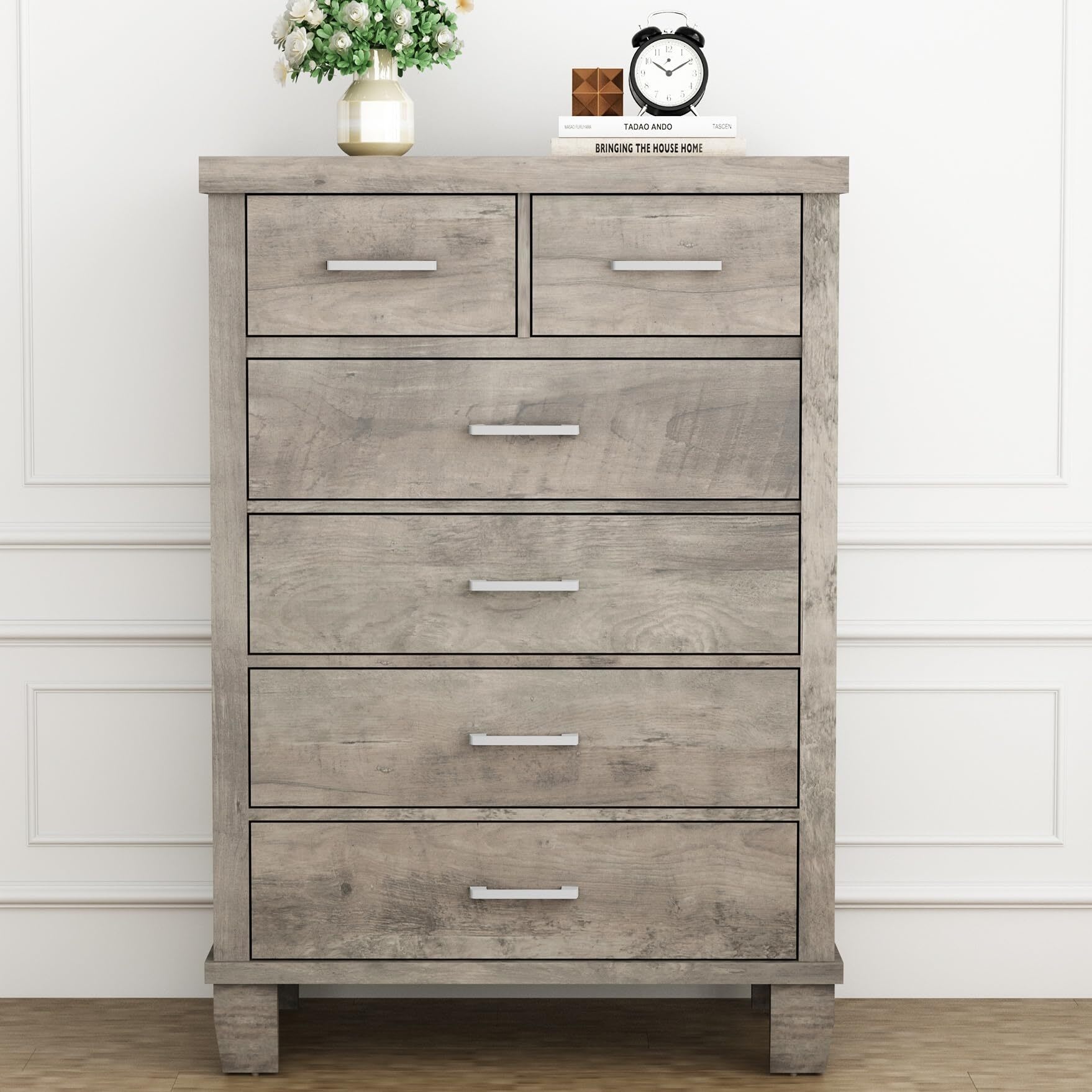 Qeetex NB-PHO0X9GQS27 6 Drawer Tall Dresser for Bedroom 45 Inch Grey Chest with Metal Handles Anti Tip Safety Smooth Glide Drawers Storage for Closet or Entryway