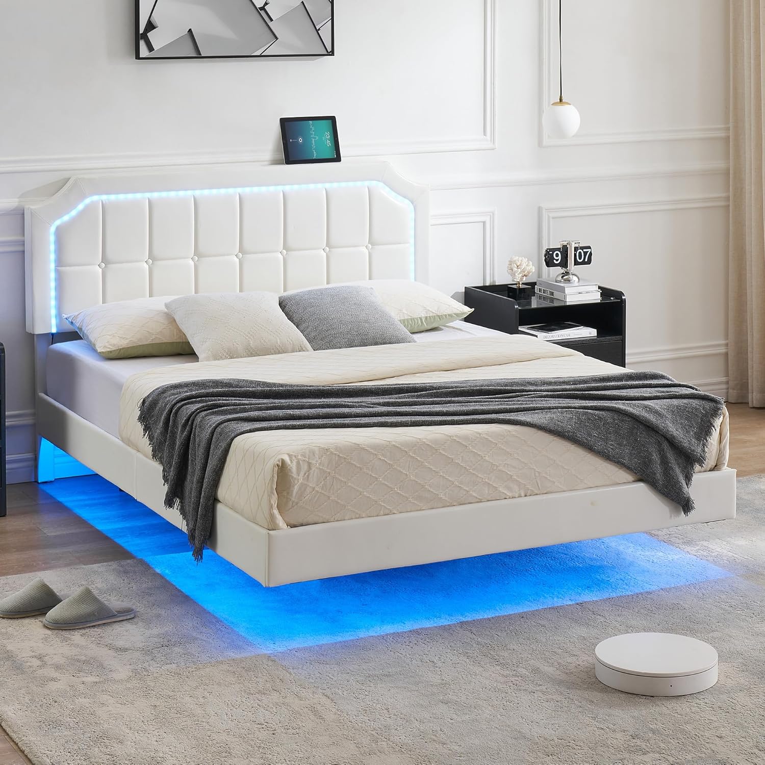 Qeetex LHF-BED-PHO-11UBFFEH Floating Bed Frame Queen Size with Led Lights Heavy Duty Metal Platform Beds with 12inch Underbed Storage Space No Box Spring Needed Easy to Assemble White