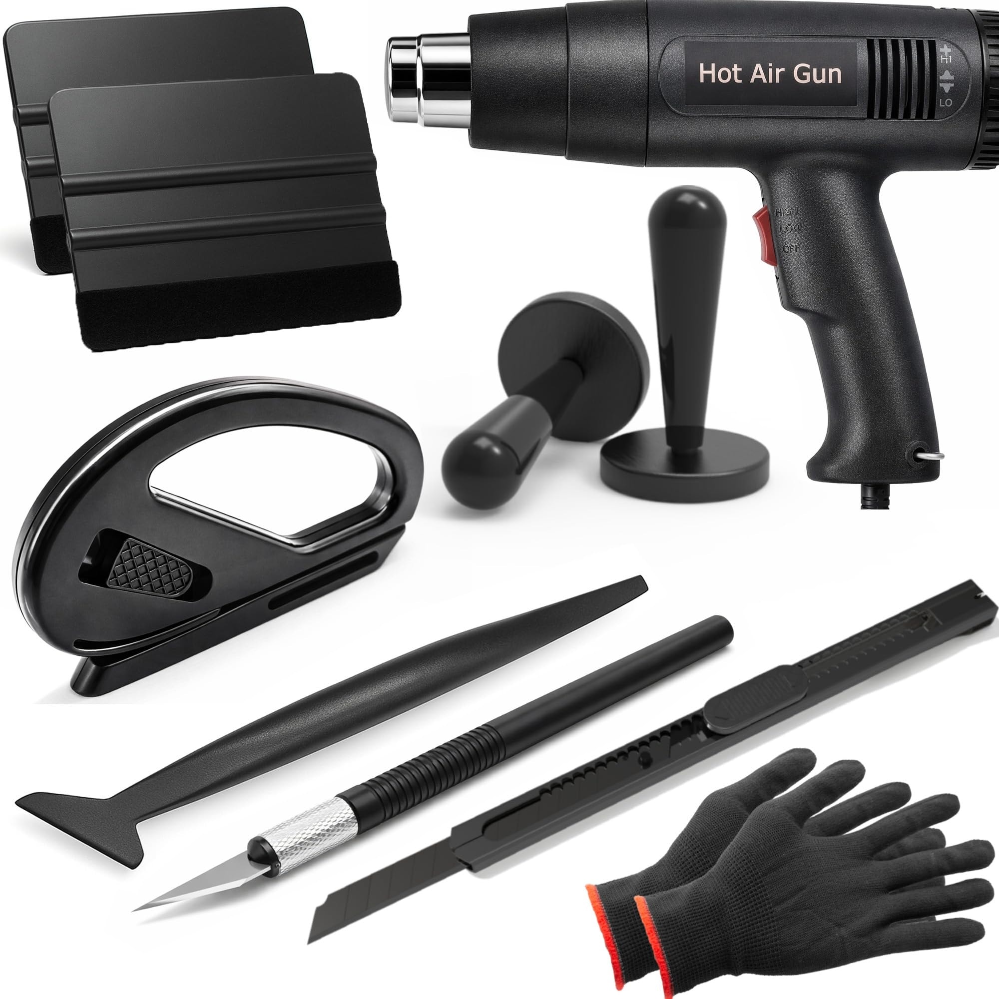 Angel Sar Vinyl Wrap Kit with Heat Gun Black Car Kit for Window Tint with Squeegees Cutting Tools Gloves Magnet Holder Utility Knife