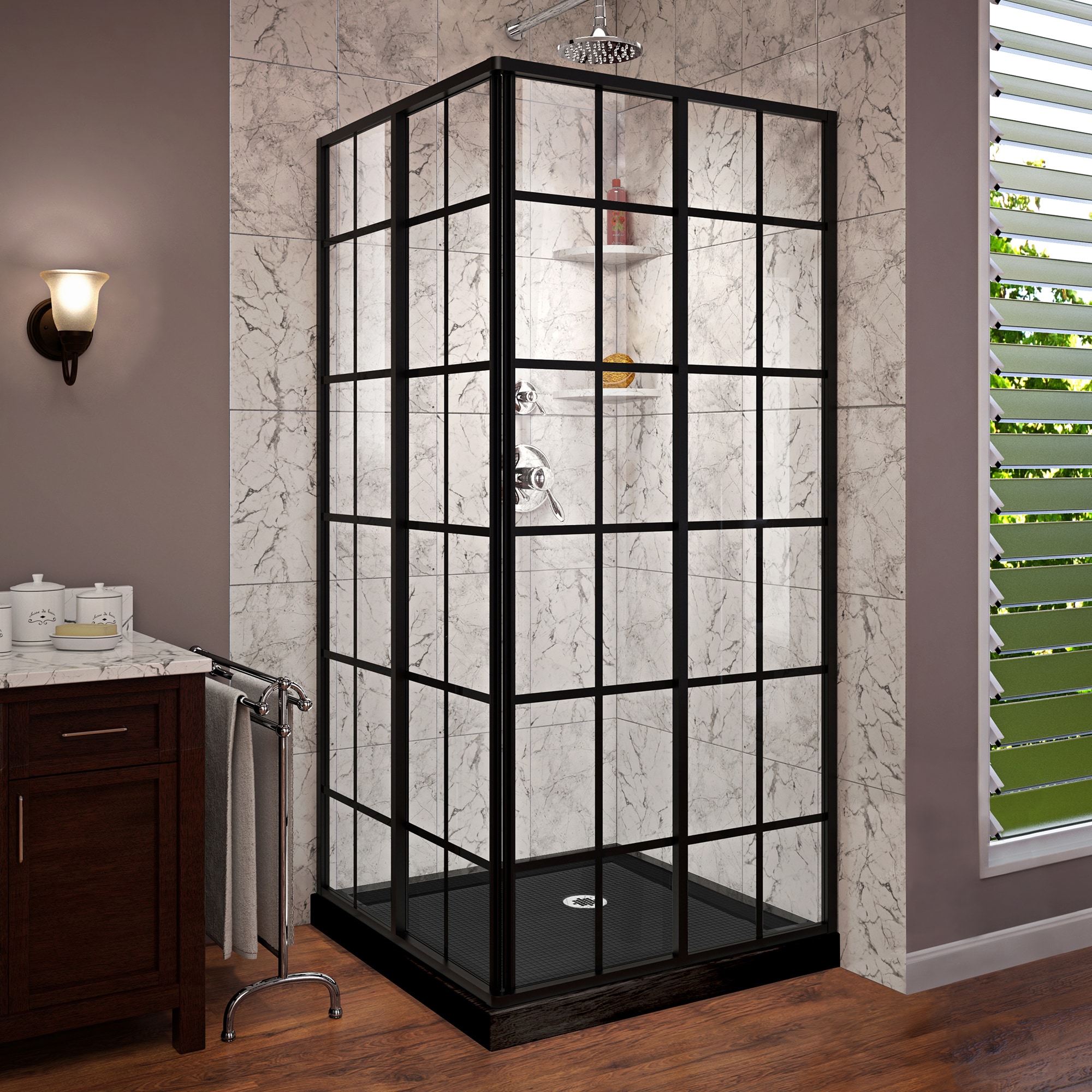 DreamLine DL-6790-09 French Corner 42 D x 42 W x 74 3/4 H Framed Sliding Shower Enclosure in Satin Black and Black Acrylic Base