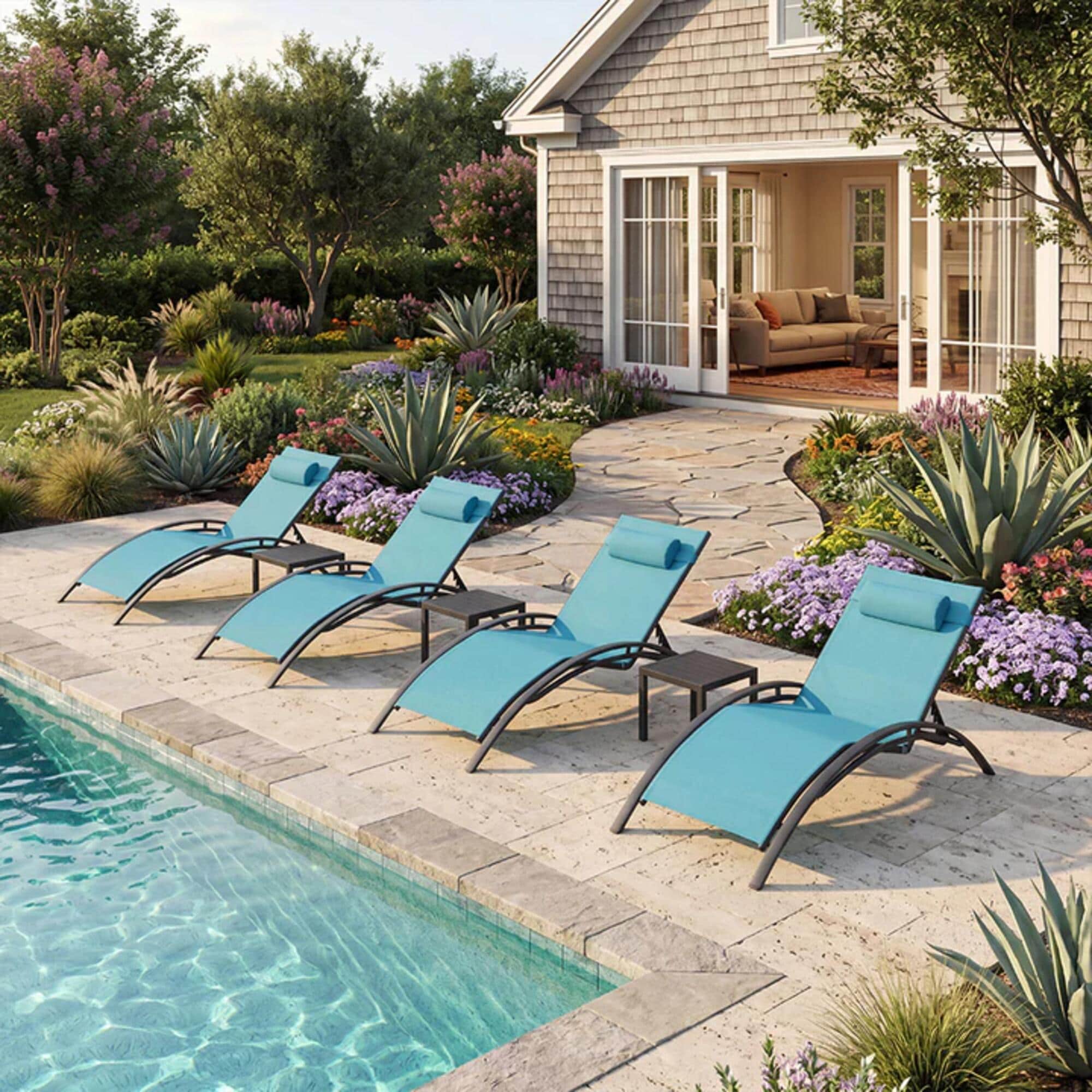 PURPLE LEAF - Patio chairs Stackable Pool Adjustable Recliner With Table Set of 4 Stackable Overs...