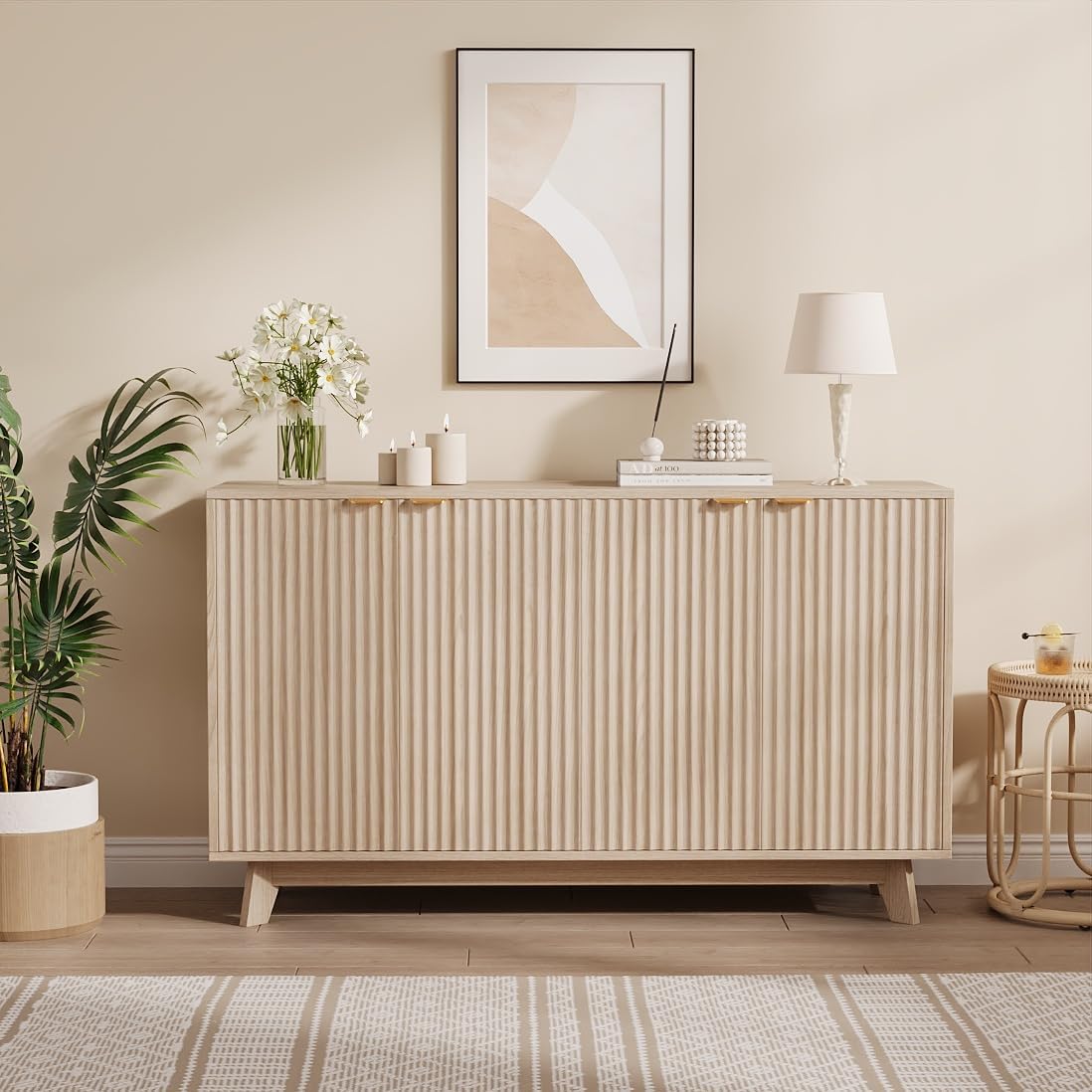 Qeetex Features a vertical fluted panel design with unique wave pattern adding texture and refinement complemented by sleek gold metal handles for modern charm #AWEPHK33A8KQ3X