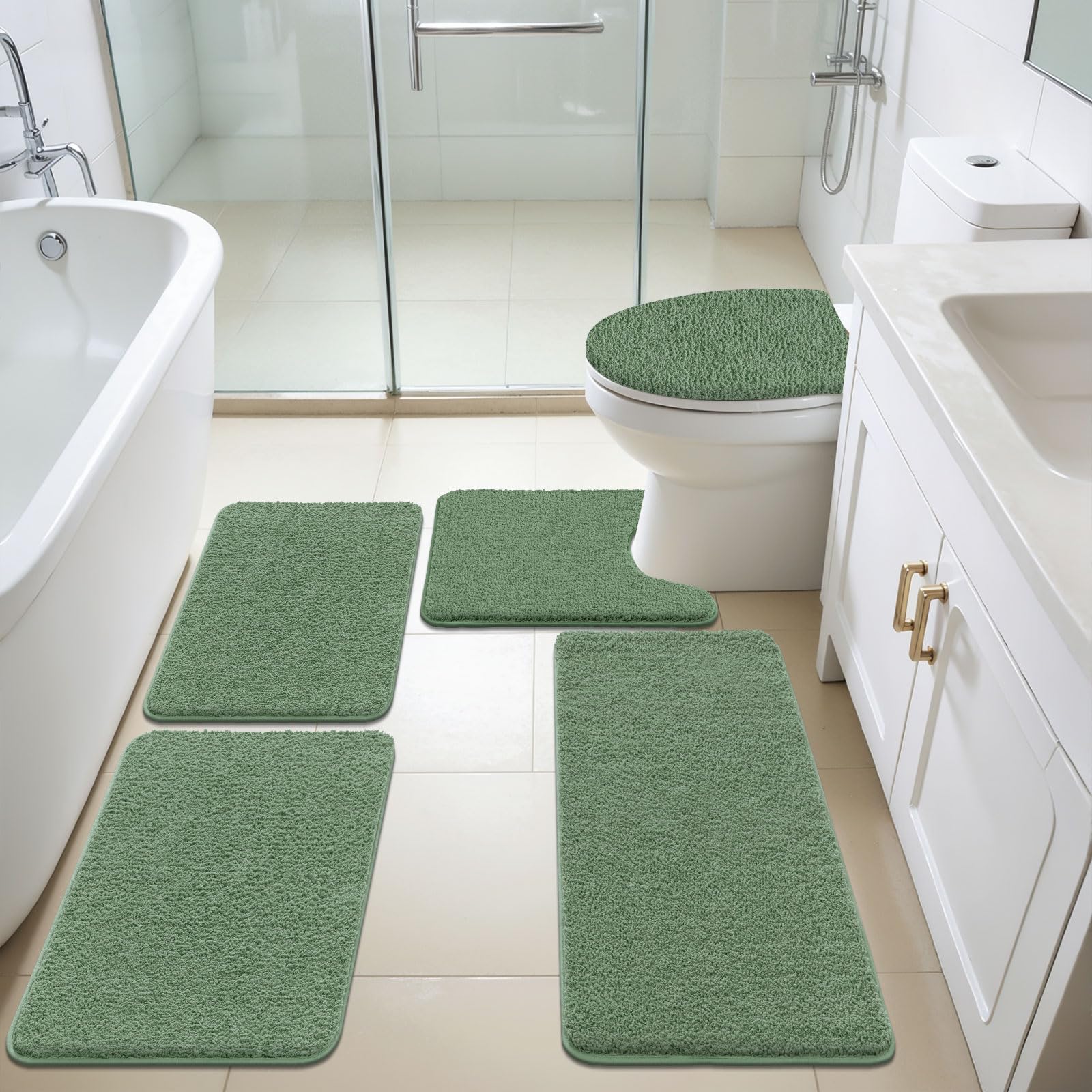 SenQWFa  Sage Green 5 Pieces Bathroom Rugs Set with Toilet Lid Cover Ultra Soft Absorbent Microfiber Bath Mat U Shape Contour Rug for Bathroom