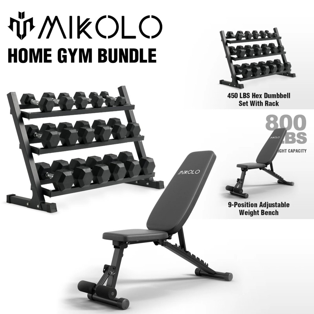 Mikolo  Rubber Hex Dumbbell Set with Racks and 9 Postion Adjustable Weighted Bench-Options in 450lbs-Strength Training Weight Set Home Gym