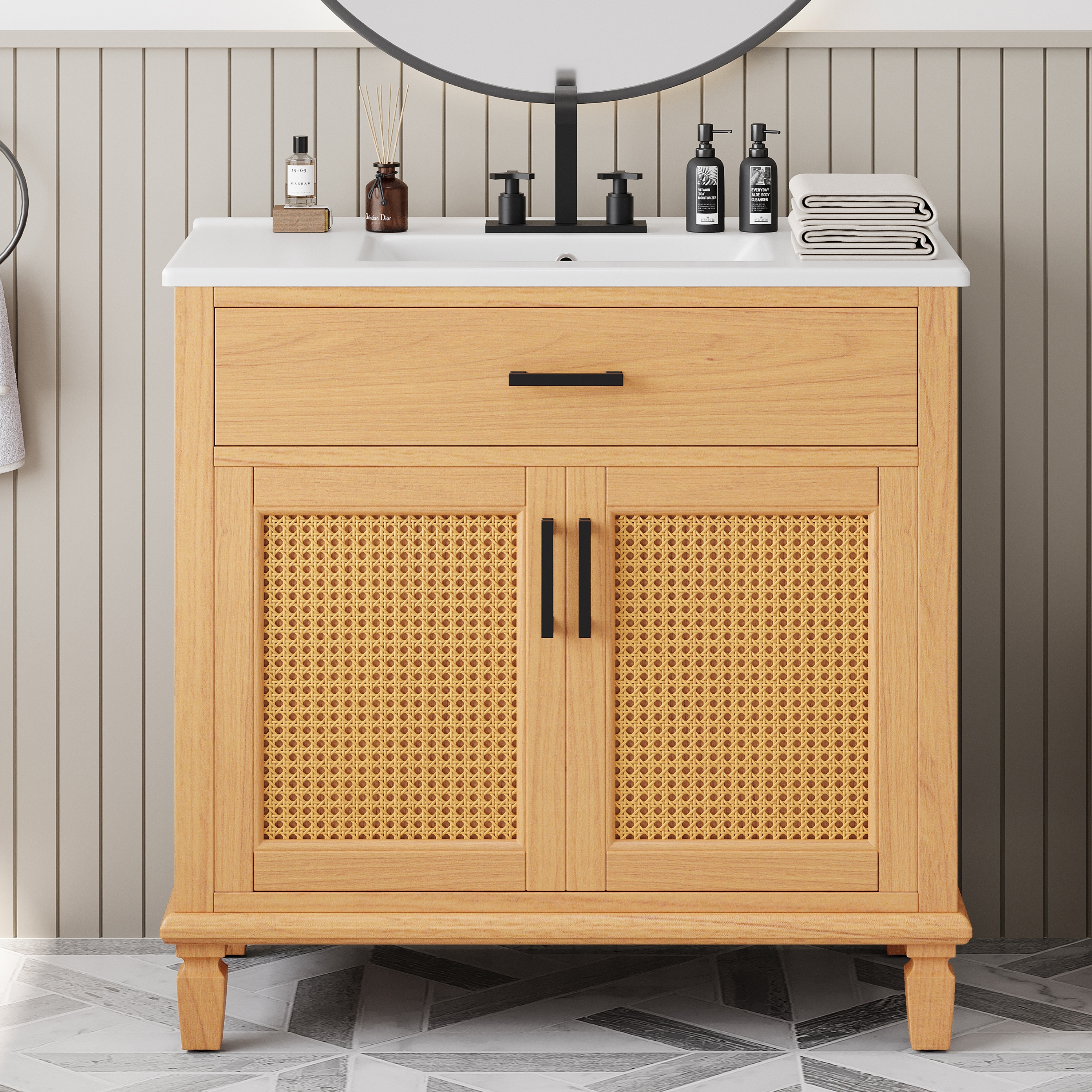 AAZJ Bathroom Vanities with Top 36-in Light Brown Undermount Single Sink Bathroom Vanity with White Ceramic Top