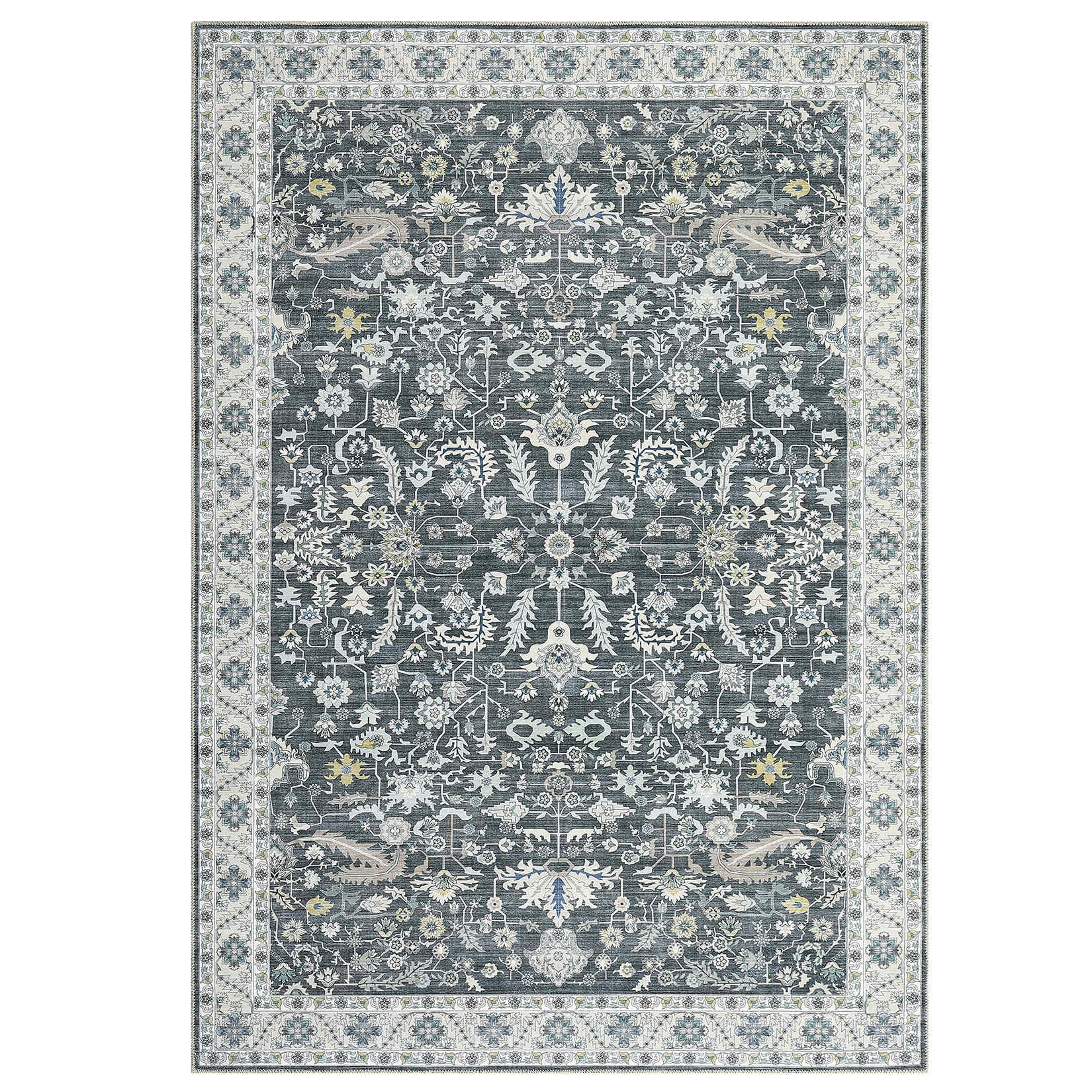 Qeetex LSN-PHO-0YG4UDAX 9 x 12 ft Polyester Gray Rectangular Hallway Bathroom Entryway Kitchen Office Foldable Flower Printed Persian Washable Area Rug