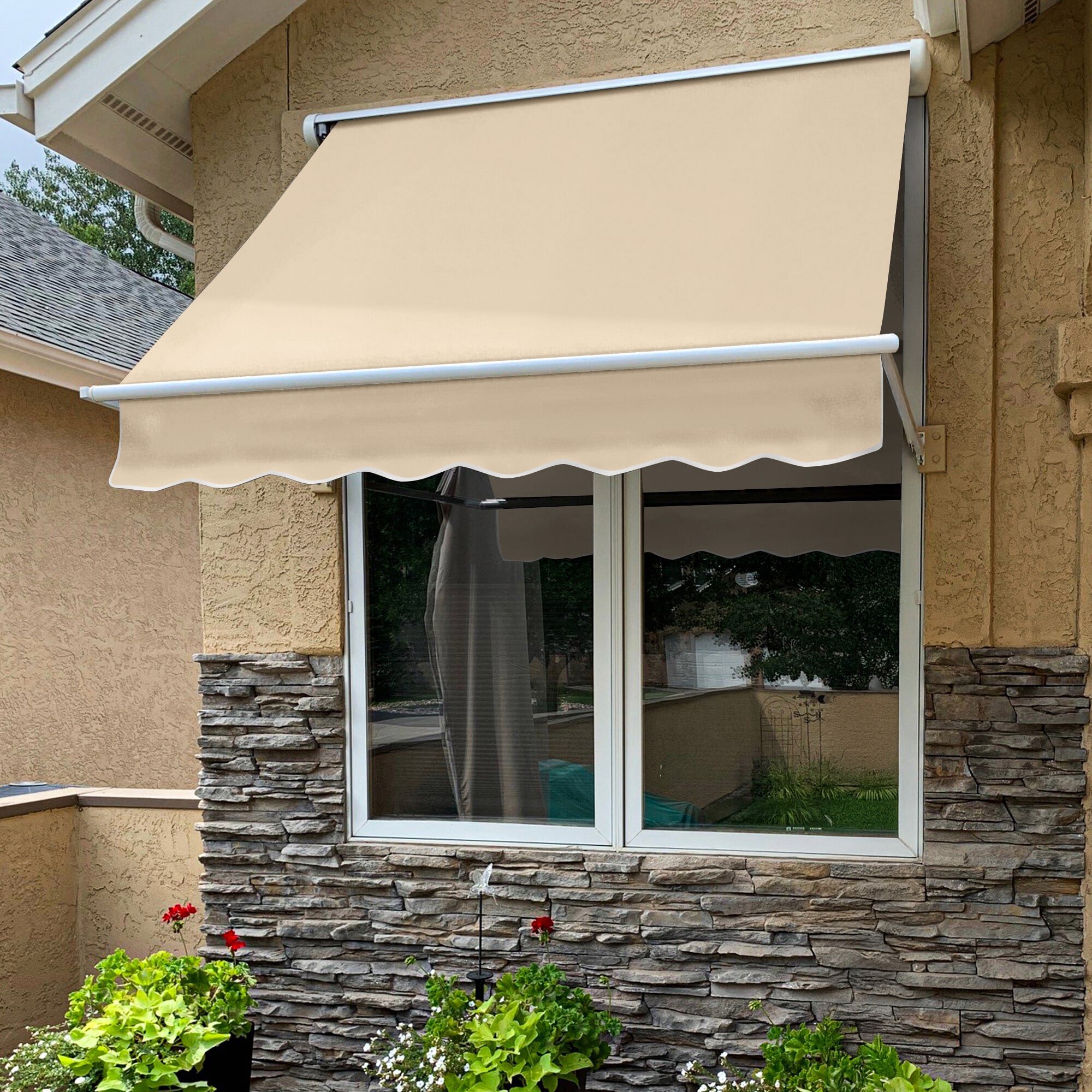 Awntech MS8-L-T Mesa 100.5-in Wide x 24-in Projection x 24-in Height Fabric Tan Solid Manual Retractable Window/Door Awning