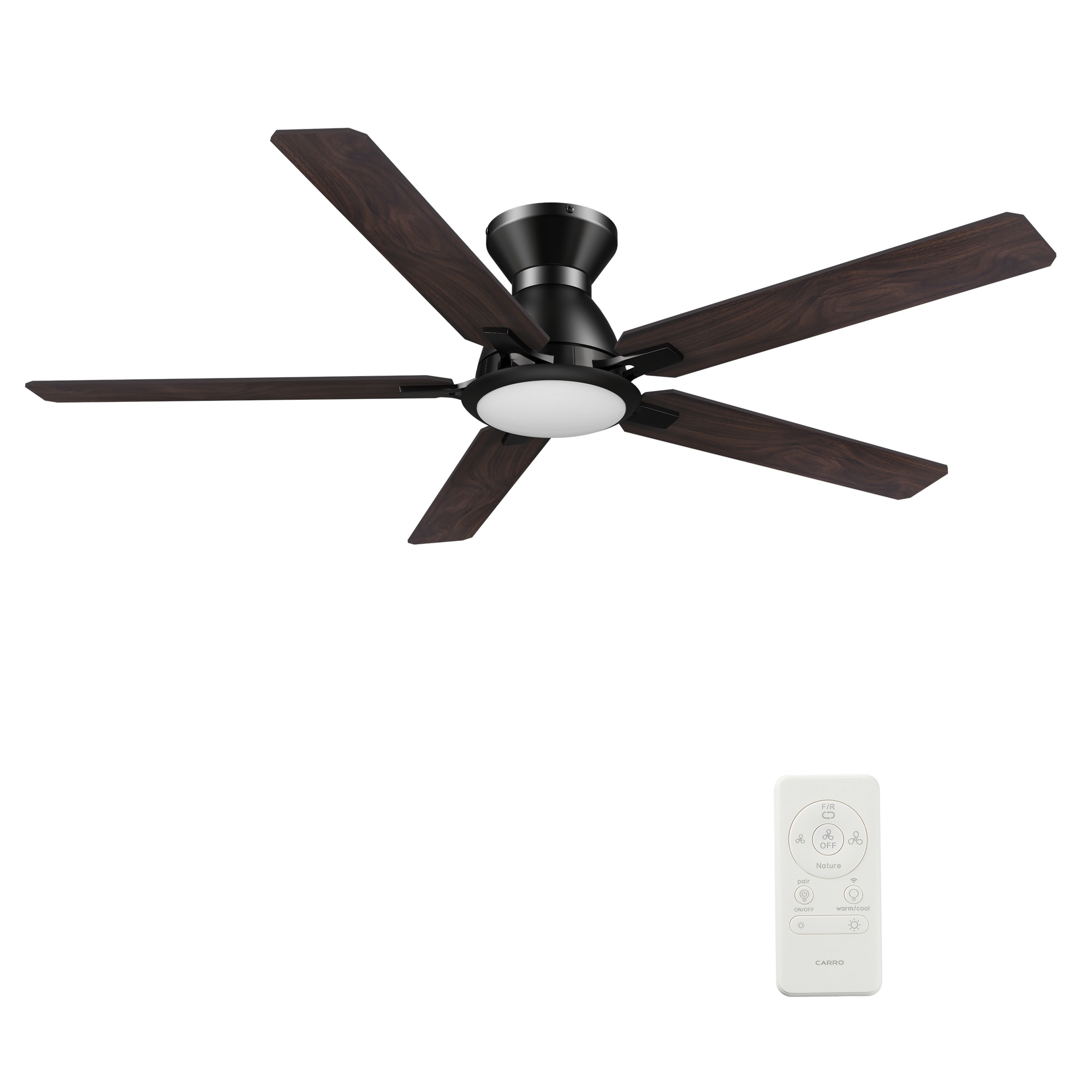 CARRO USA LS525J-L12-B5-1-FM Essex 52-in Integrated LED Outdoor Flush Mount Smart Black with Dark Walnut Blades Ceiling Fan With Light - Remote Included ( 5 -Blade )