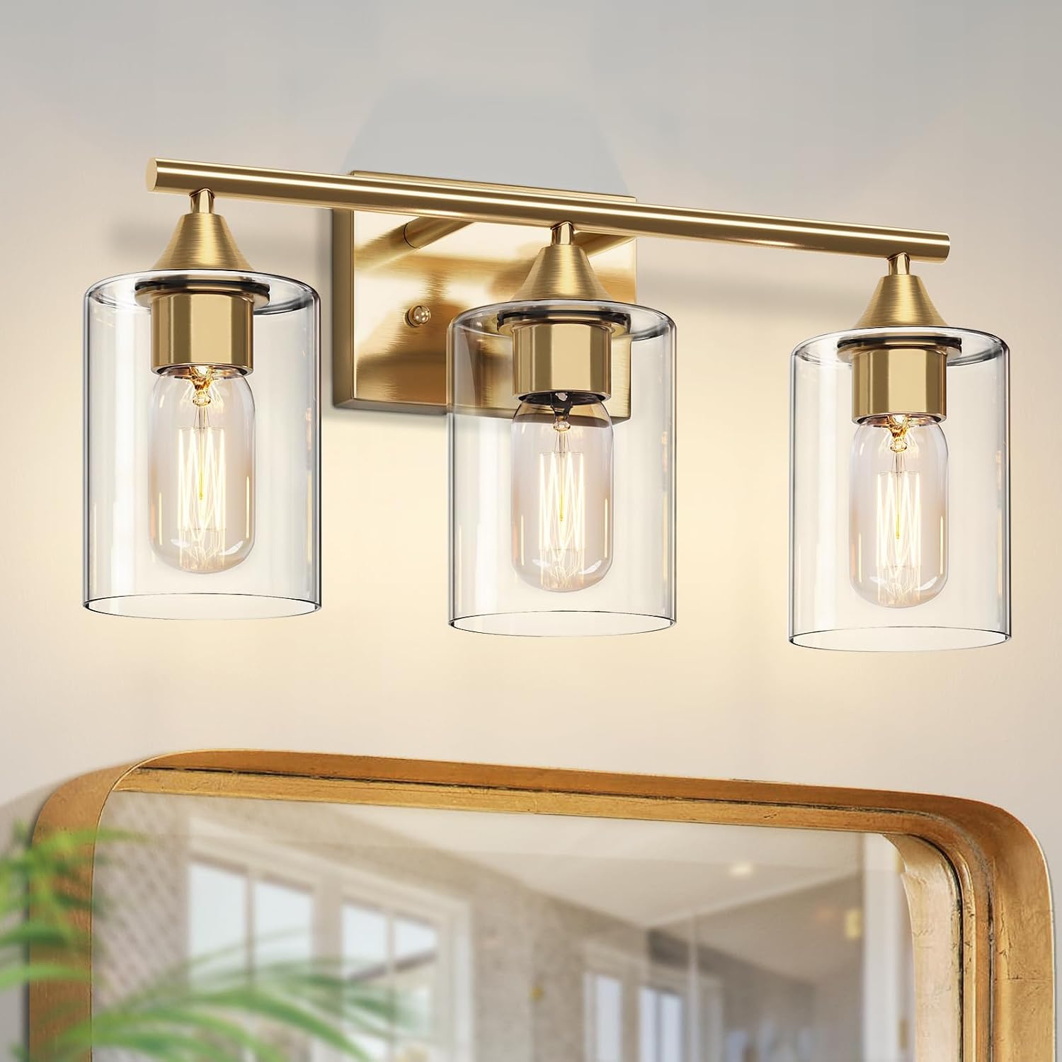 XPEHK 3 Light Brushed Brass Gold Bathroom Vanity Light Modern Wall Sconce Lighting Fixture Over Mirror