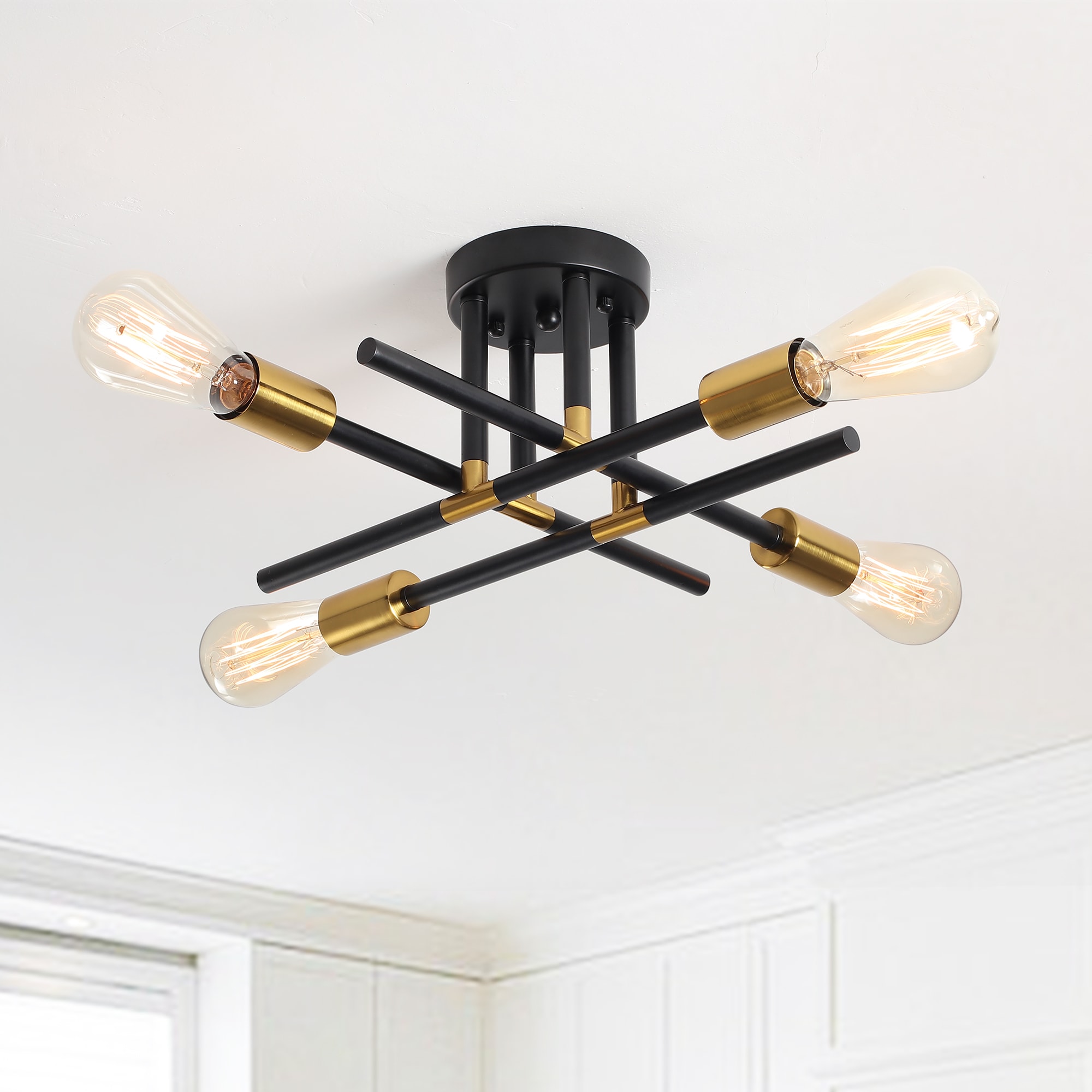 Zjvaive 4 lights 18.5inch Modern Sputnik Black And Gold Semi Flush Mount Light for Multiple Spaces