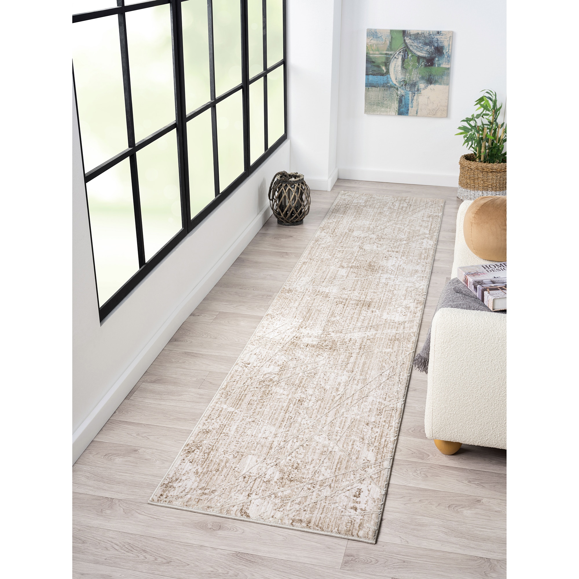 LR Home 1267A1590304J8 2 x 8 (ft) Loomed Polyester Beige Rectangular Indoor Abstract Farmhouse/Cottage Runner rug