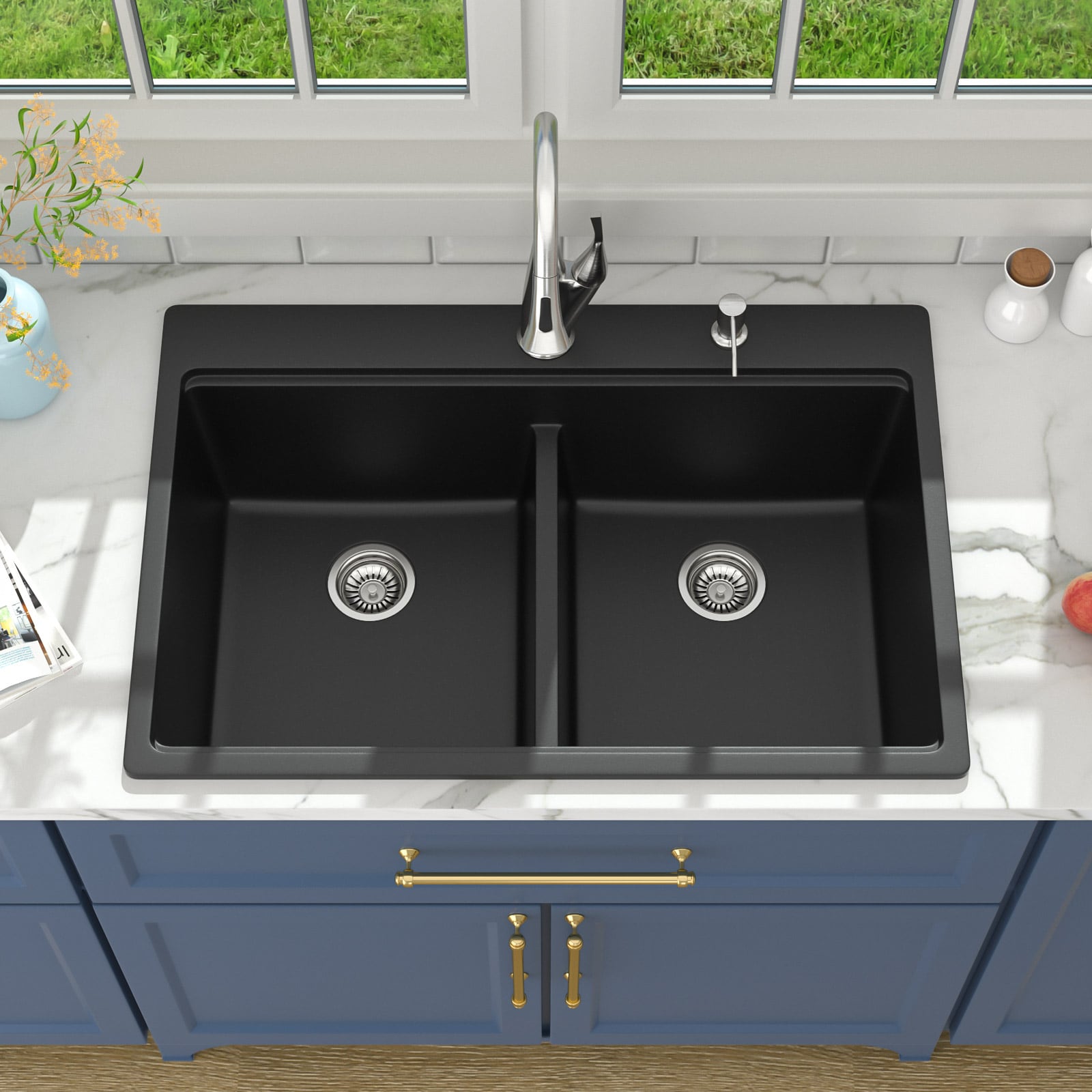 Lordear H-LTB3322R2-55 50/50 Double Bowl Kitchen Sink Drop-in 33-in x 22-in Quartz Double equal bowl 2-Hole Workstation Kitchen Sink