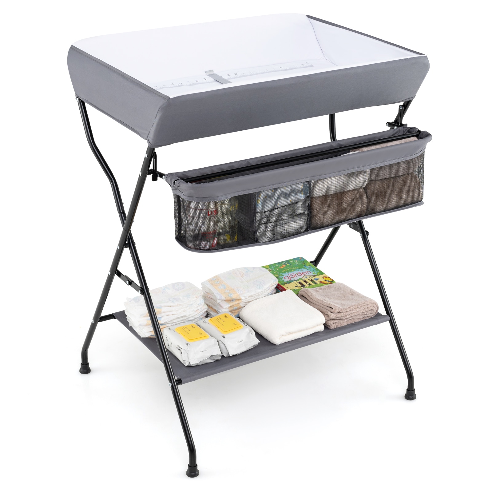 Slickblue Foldable Baby Care Station - 31.5W-Inch Black/Gray Freestanding Changing Table for Nursery