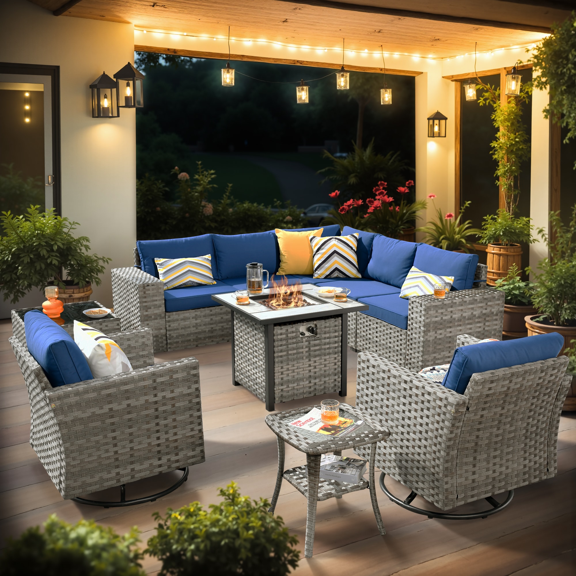 XIZZI XIBBR705-10 Caerus 10 -Piece Rattan Patio Sofa Conversation Set with Blue Cushions