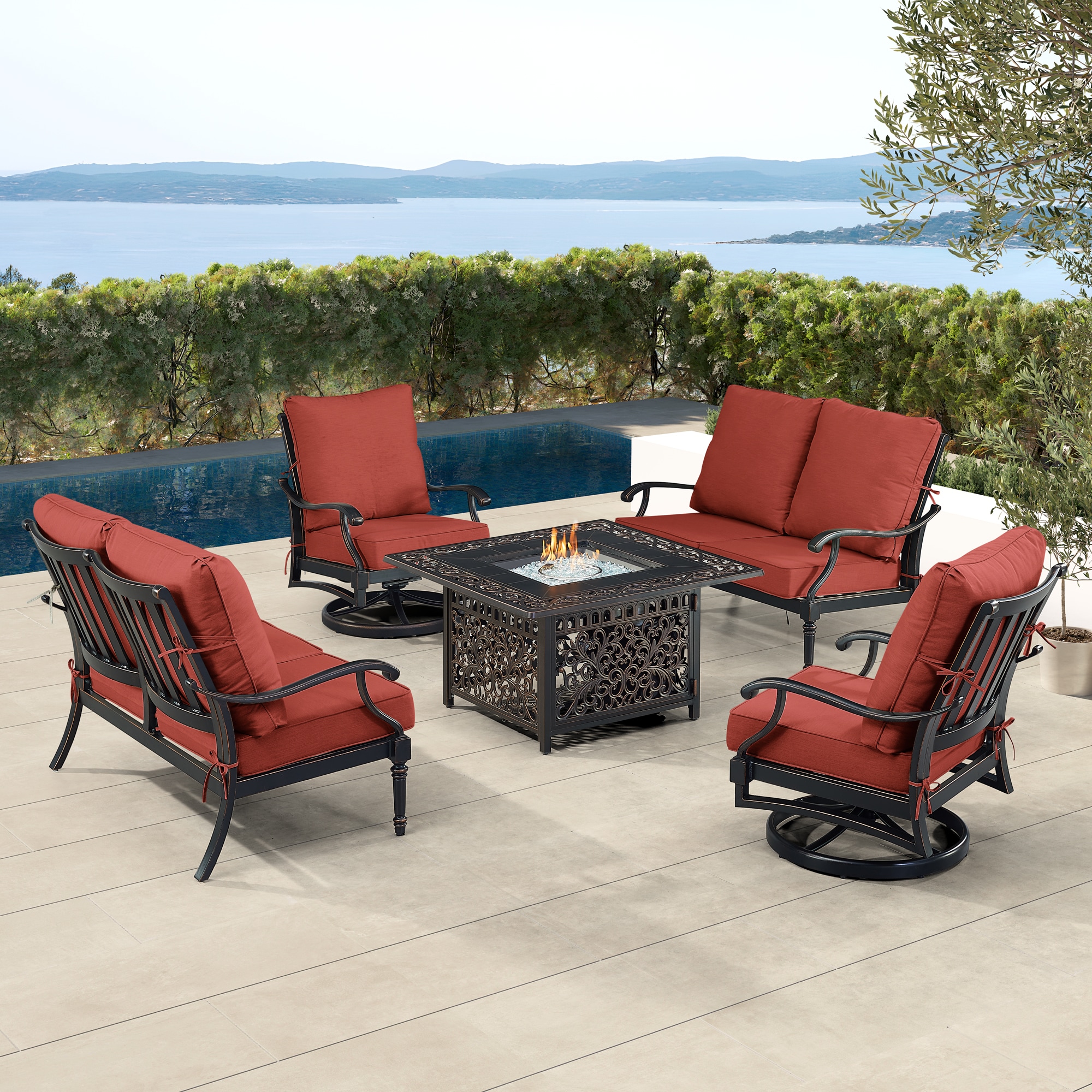 Oakland Living SHACO2LS2CHMAYANRDCU Fire Pit Table Set, Two Loveseats, Two Lounge Chairs and Wind Guard 20 -Piece Patio Conversation Set with Red Cushions