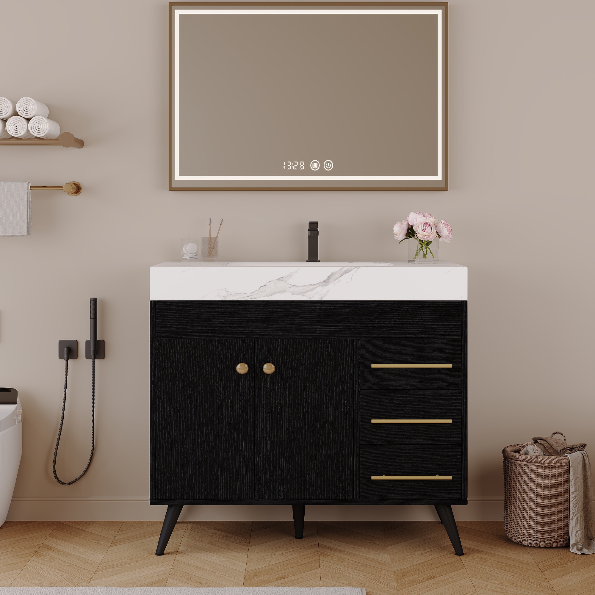 GDFStudio 36 in Freestanding Bathroom Vanity with Ceramic Sink Faux Marble Top and Soft-Close Drawers with Gold Accents - Black Cabinet+White Sink