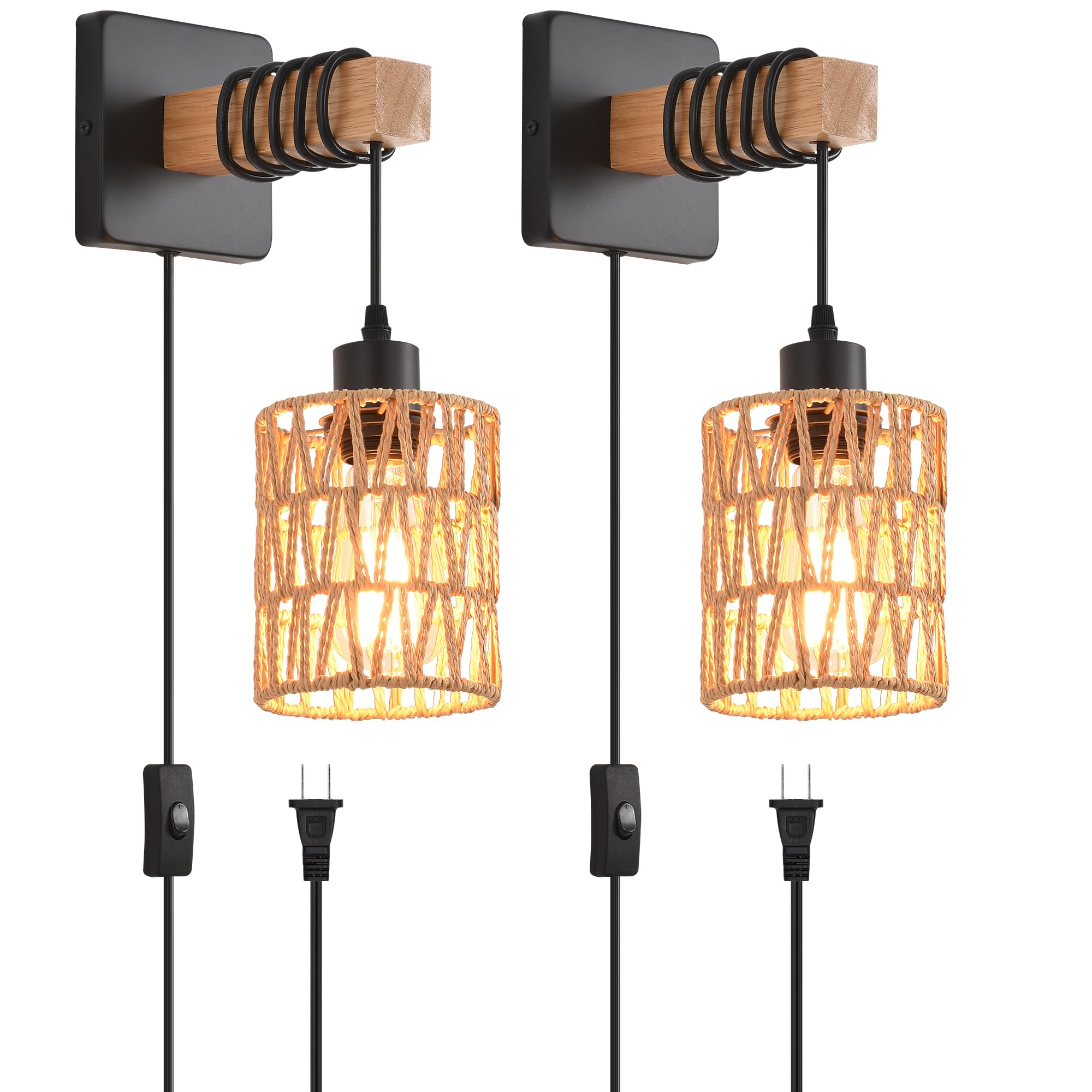Lukvuzo -  Set of Two Rustic Indoor Wall Sconces Plug In Cord Vintage Rattan Metal Cylinder Lamp ...