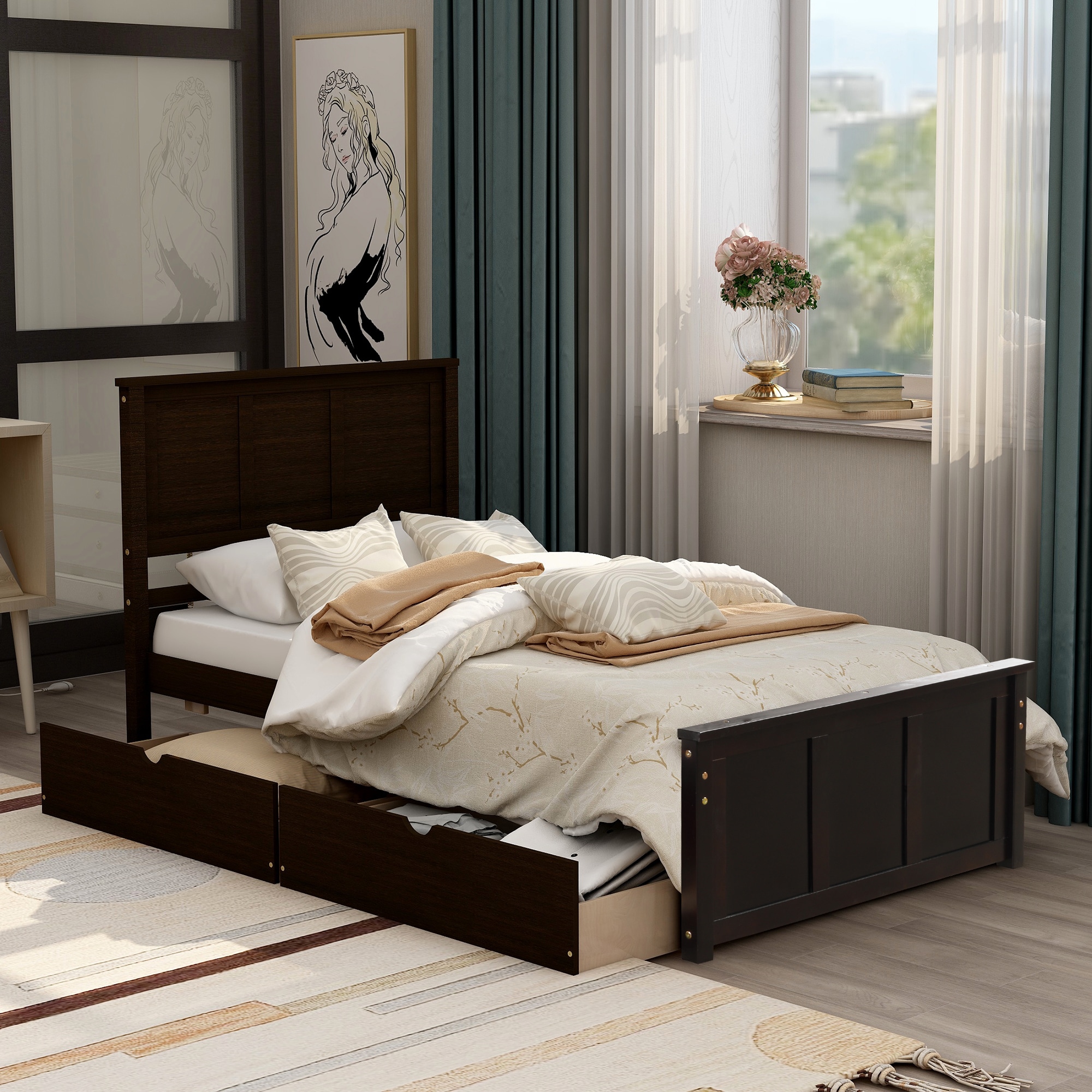 ModernLuxe WF194472AAP Platform Storage Bed 2 drawers with wheels Twin Size Frame Espresso
