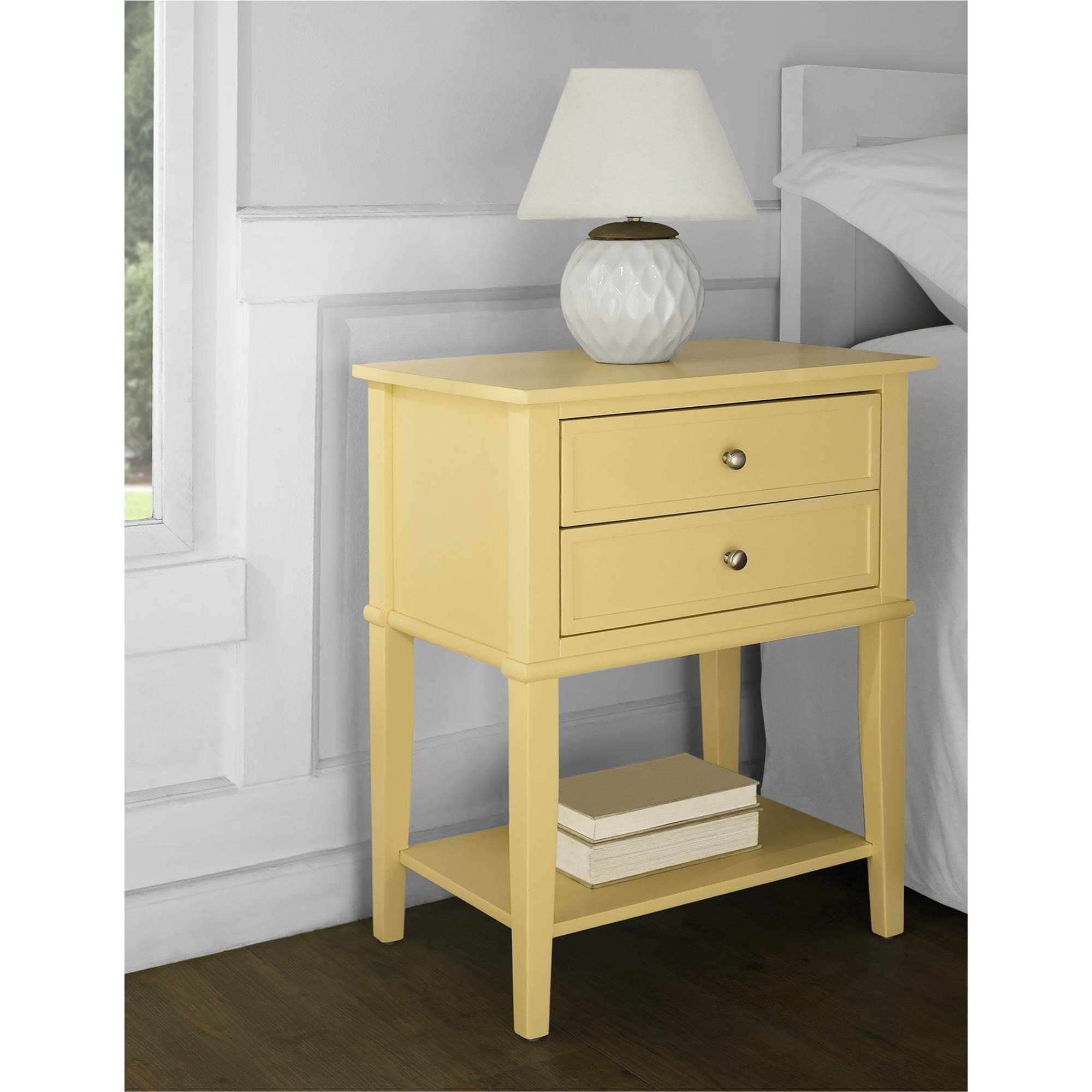 Yellow Wood Accent Table with 2 Drawers and Shelf
