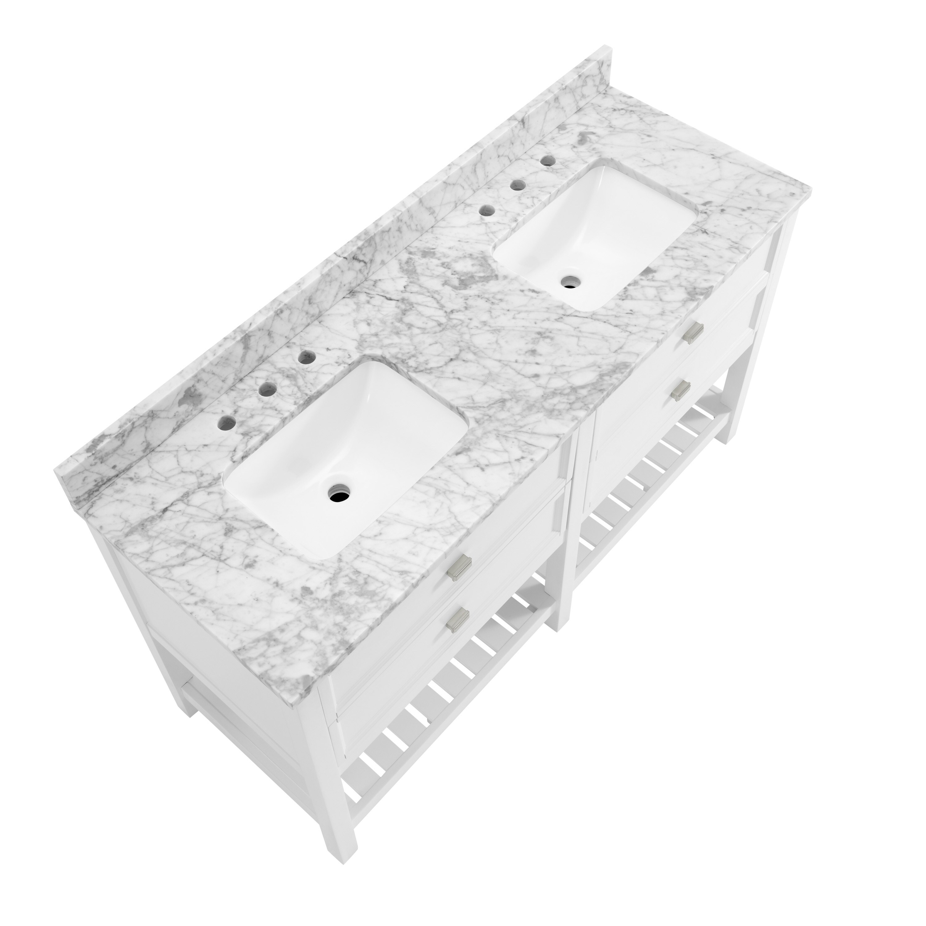 ᐅ【WOODBRIDGE London 60Bathroom Vanity with Engineered Marble White Carrara  Color top 8 faucet holes, Double Rectangle Undermount Sinks, 4 Soft Closing  Doors and 3 full Extension Dovetail Drawers