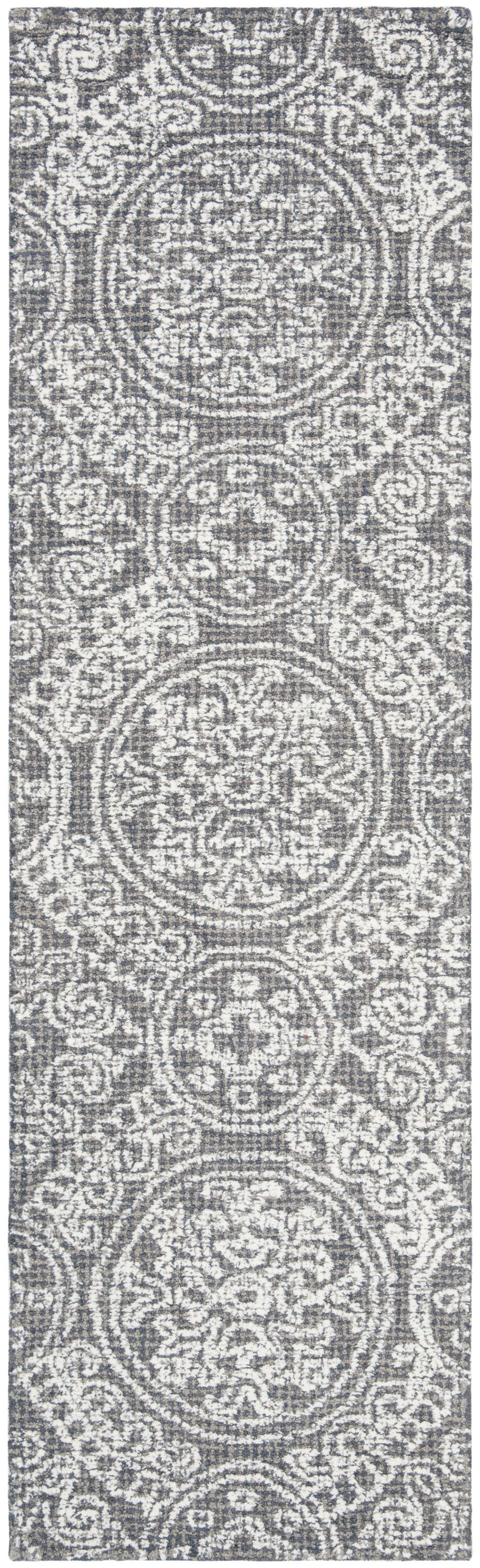 Gray Floral Motif Handmade Tufted Wool Runner Rug