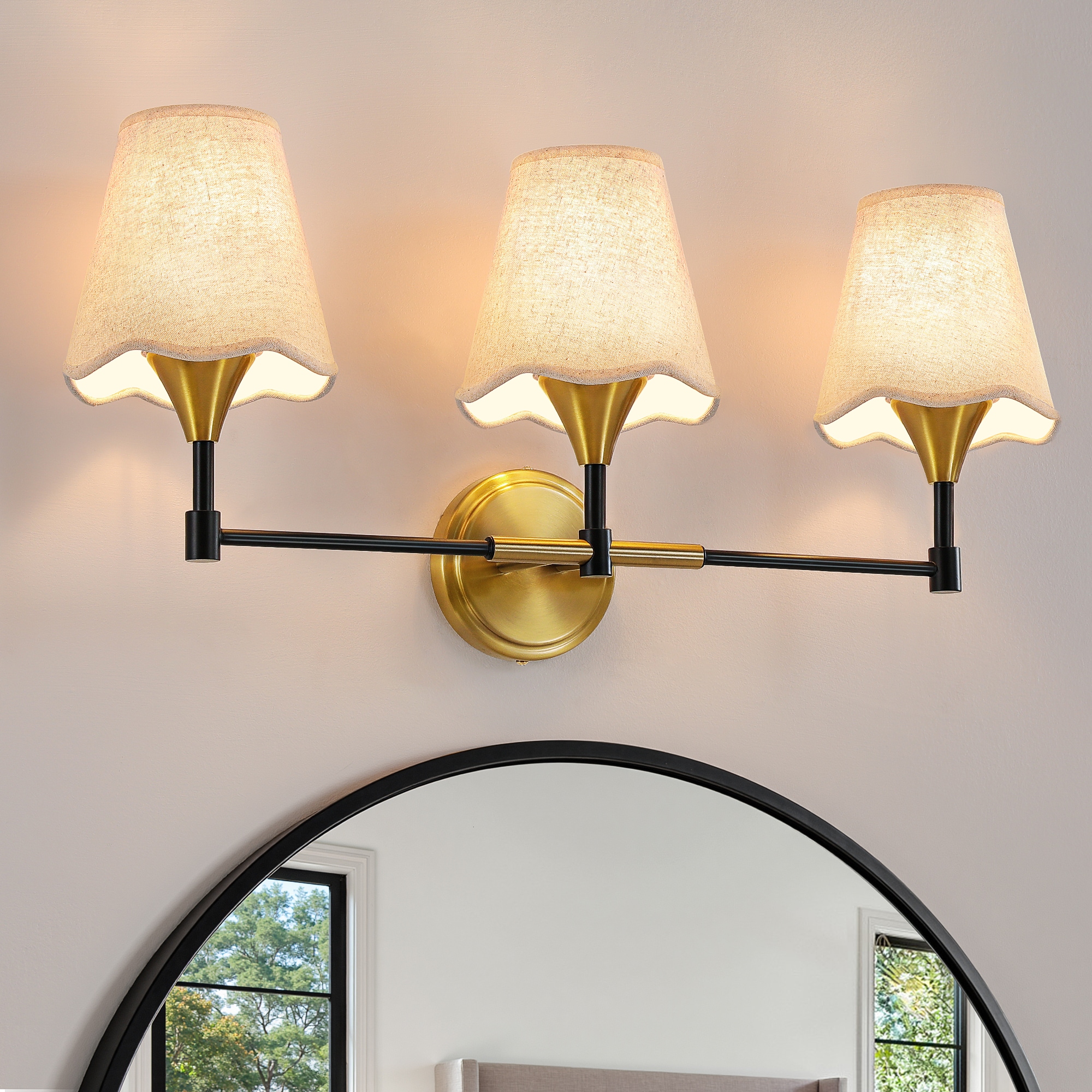 KAISITE 3-Light 26 in Black Gold Beige Linen Fabric Shade Modern Farmhouse Bathroom Vanity Light Hardwired for Bathroom Bedroom Living Room