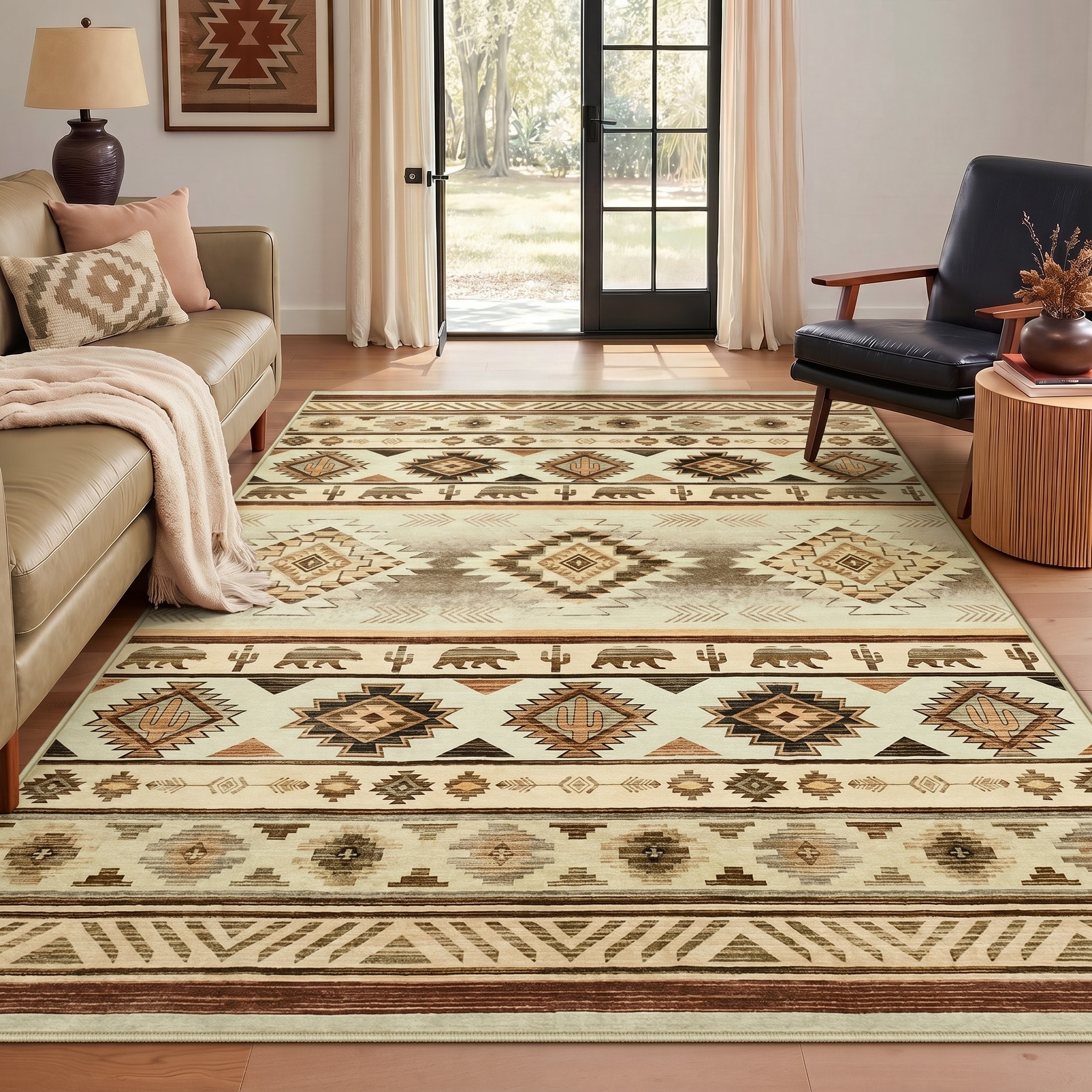 LITTLE TREE 5x7(ft) Navajo Southwestern Farmhouse Beige Washable Area Rug Rectangular Indoor Non-Slip Oeko-Tex Soft Faux Wool Carpet with Extra Anti-Slip Patches Geometric Diamonds Rug for Entryway Living Room Nursery Bedroom