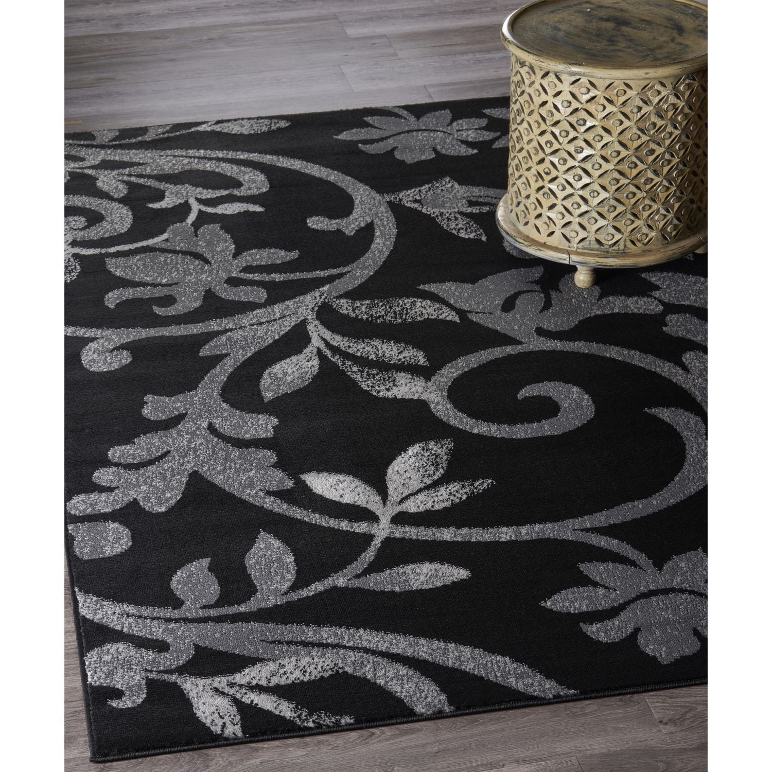 Grace Black and Gray Floral Synthetic Indoor Area Rug