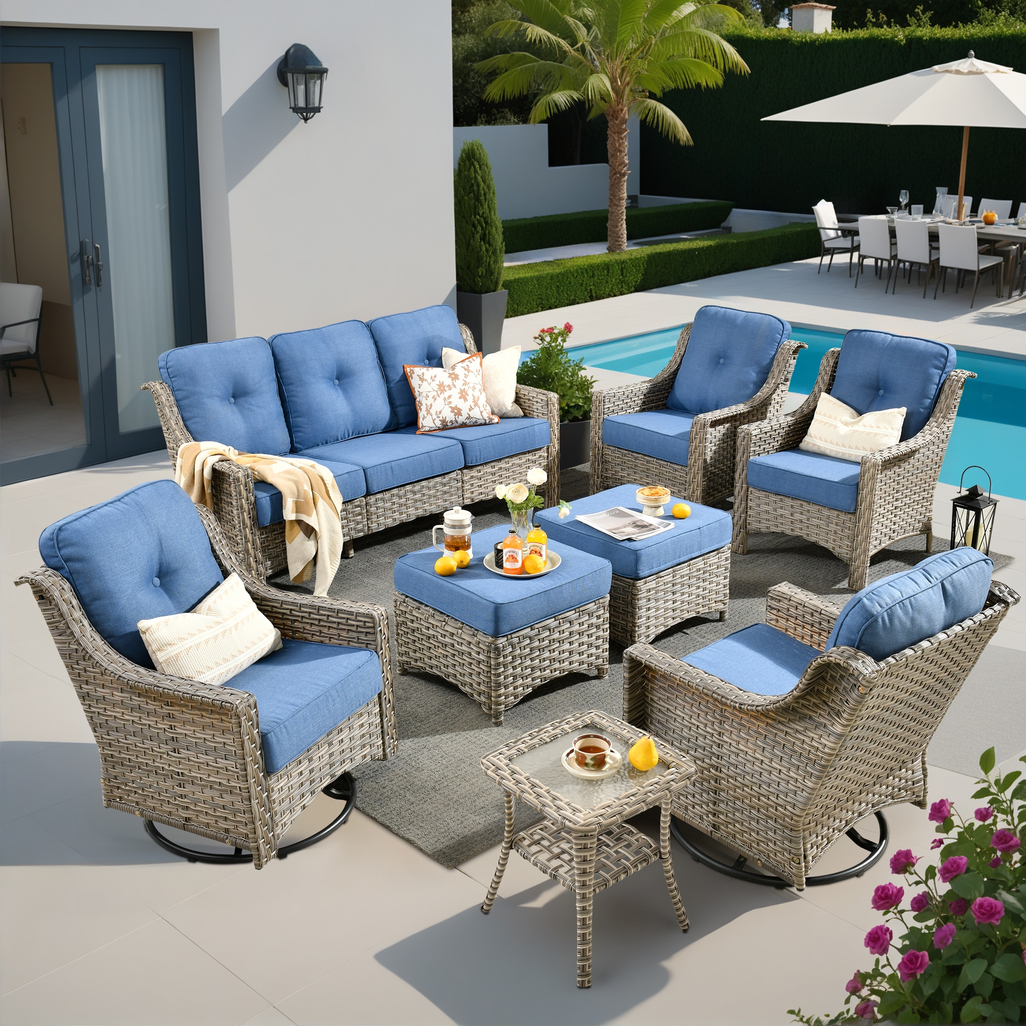 ALTRIGUS 6L-YZPAD508-AL 8 -Piece Wicker Patio Sofa Conversation Set with Blue Cushions