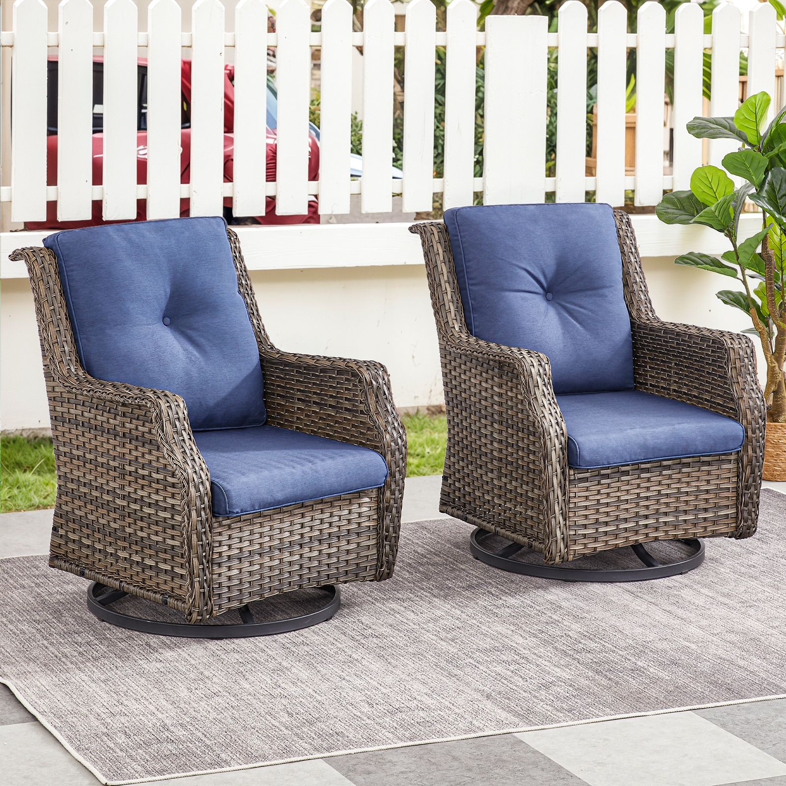 Jeehope PANCGY20-1 PACHAIRS-T Set of 2 Wicker Gray Steel Frame Swivel glider Conversation Chair with Navy Cushioned Seat