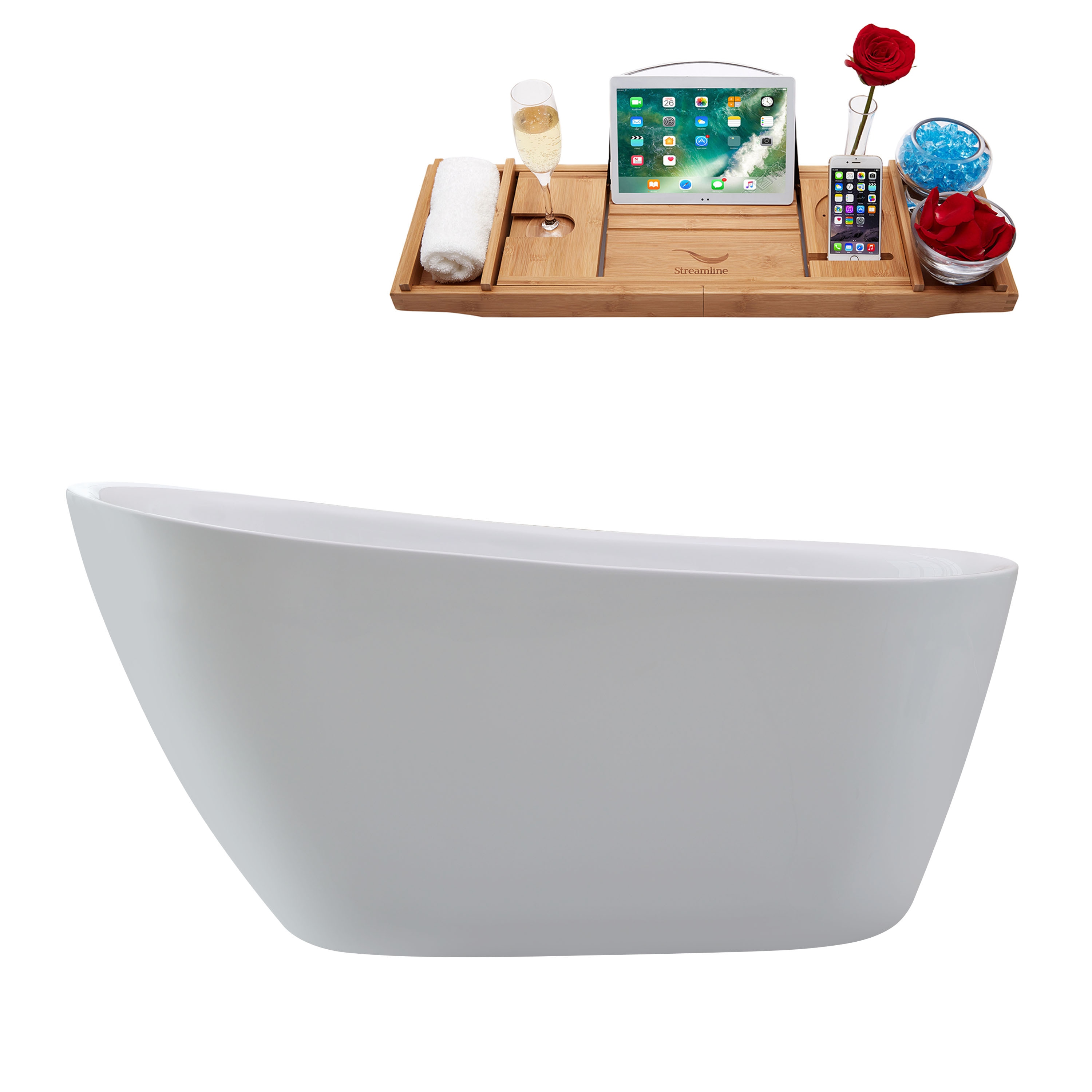 Streamline N3680WH 28.3-in x 59.1-in Glossy White Acrylic Round Freestanding Soaking bathtub with Drain ( Reversible Drain )