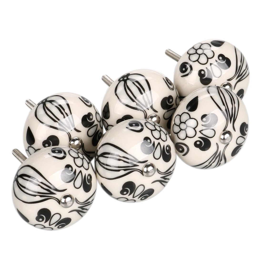 Adrinfly  6 pack vintage floral ceramic pumpkin knobs black and white hand painted cabinet drawer wardrobe dresser door handles pulls with