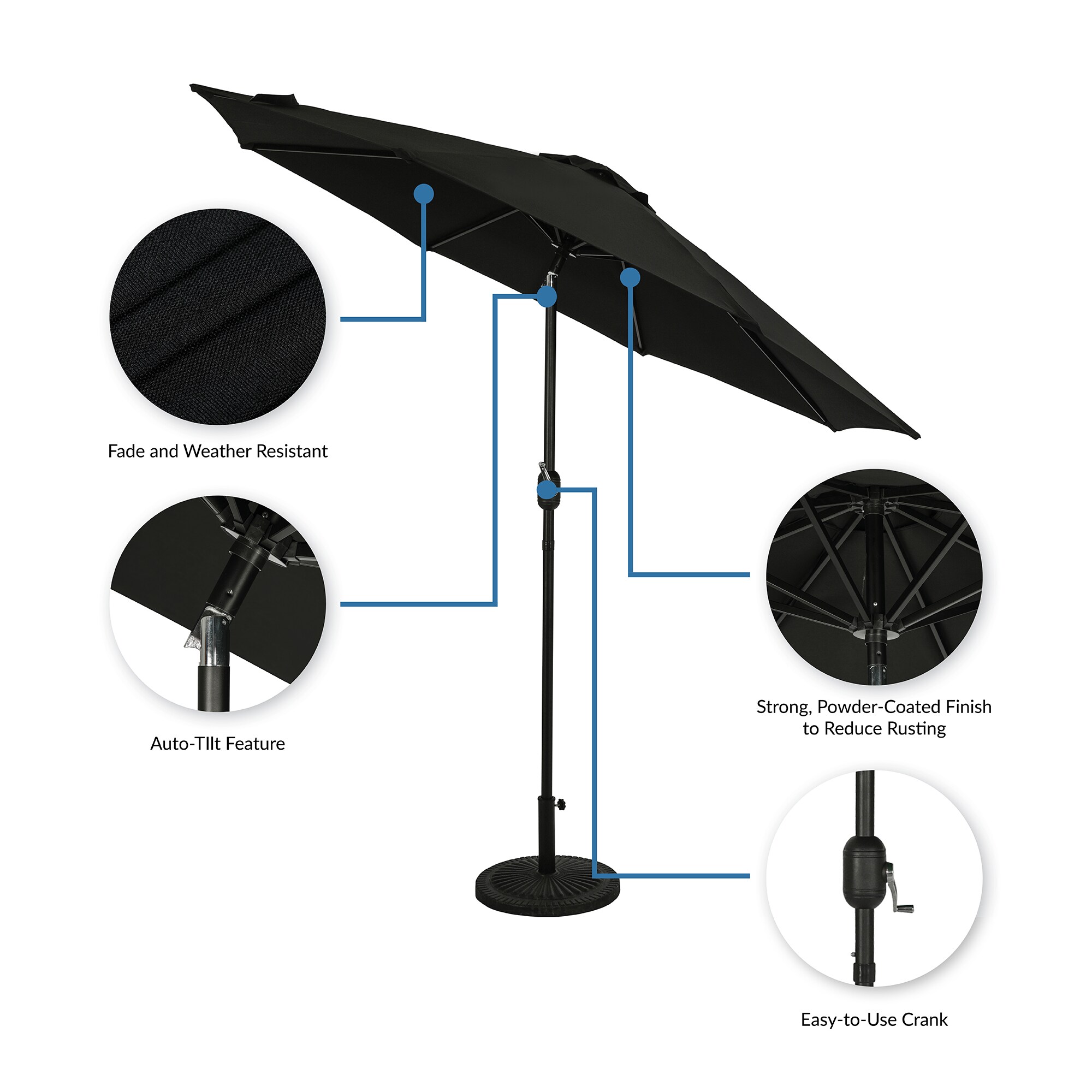 9-Foot Black Aluminum Market Patio Umbrella with Auto-Tilt