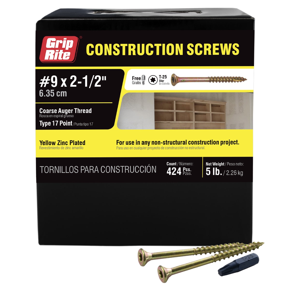 Grip-Rite 212GCS5 #9 x 2-1/2-in Yellow zinc Interior Wood screws ( 424 -Per Box )