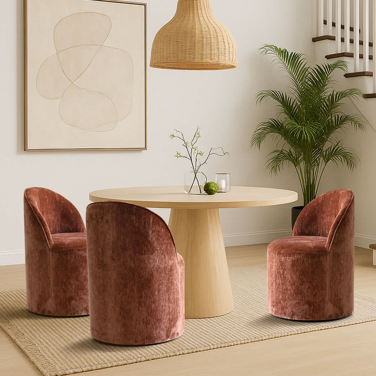 Maison Boucle DORIS-CHAIR-TERRA-3 Set of 3 Modern Terra Armless Barrel Dining Chairs with Upholstered Seat Curved Back and Casters