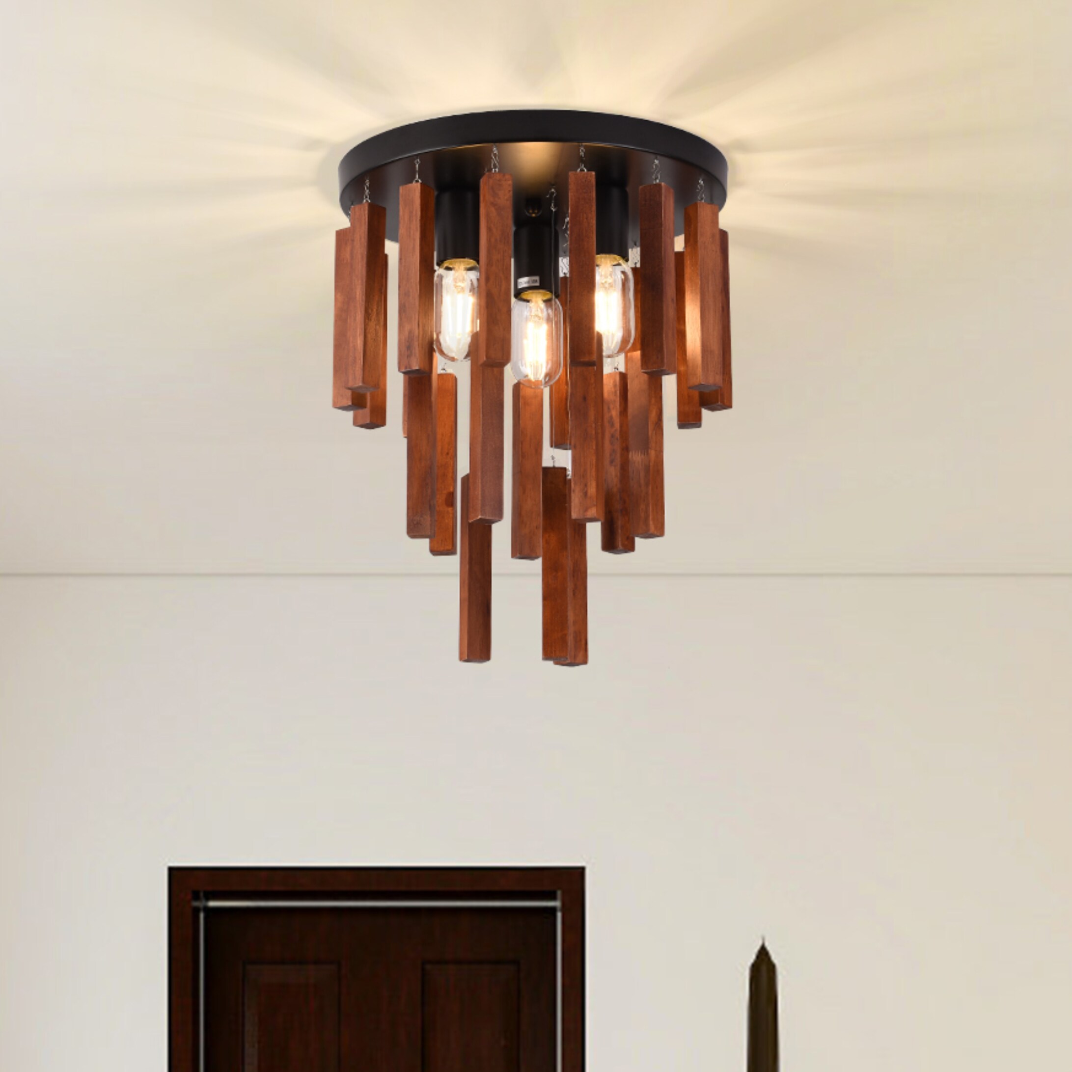 Oukaning JZUCE9I4NSHCX Solid Wood Tiered Tassel Design 3 -Light 12.6-in Brushed Multiple colors Flush Mount Light