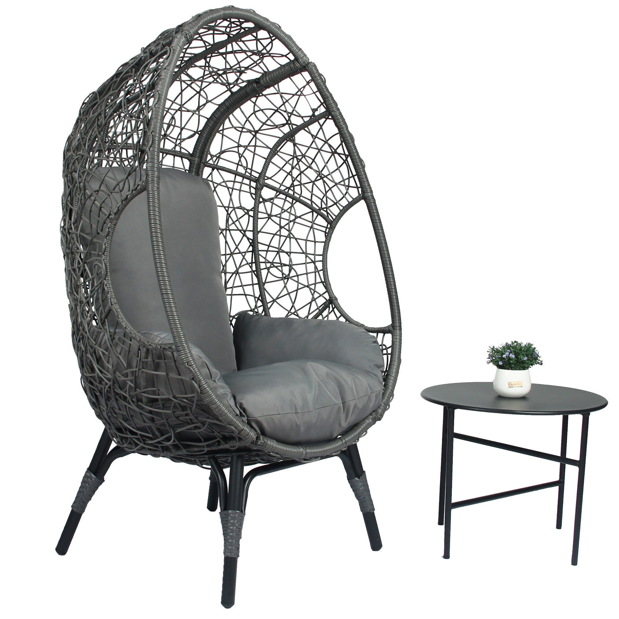 ModernLuxe L-W400120449 / Wicker Gray Rattan Frame Stationary Egg Chair with Gray Cushioned Seat