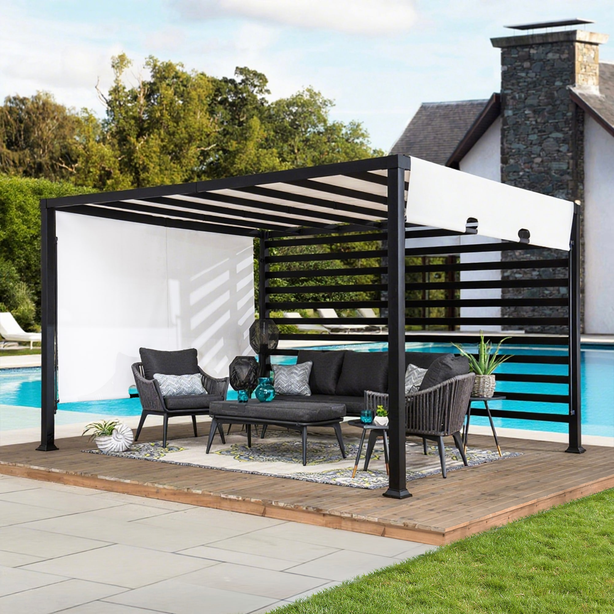 Sunjoy A106006400 10-ft W x 12-ft 2-ft L x 7-ft 3-in H black Metal Freestanding Pergola with Canopy