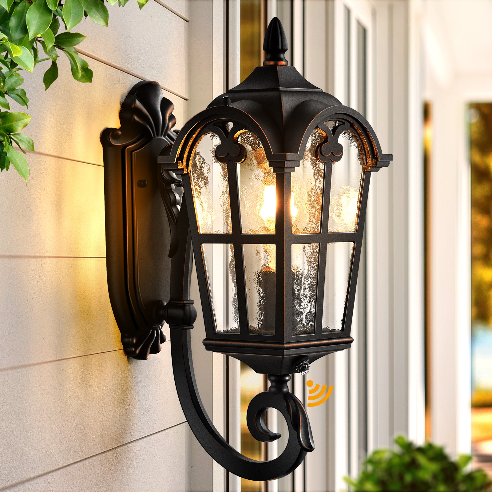 VIANIS 1-Light 16.9-in H Matte Black with Gold Trim Hardwired Dusk to Dawn Outdoor Wall Light