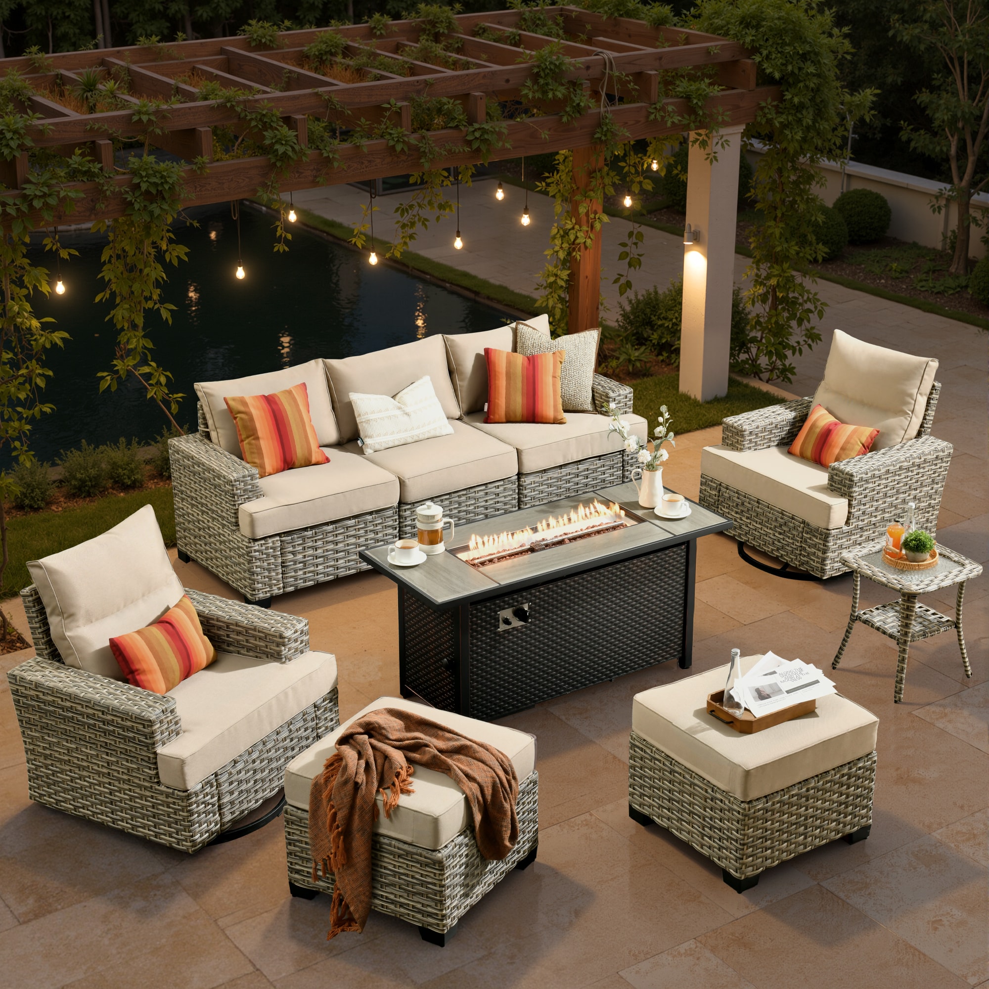 XIZZI XITBS6075-RC3IFP54 Agate 7 -Piece Rattan Patio Sofa Conversation Set with Beige Cushions