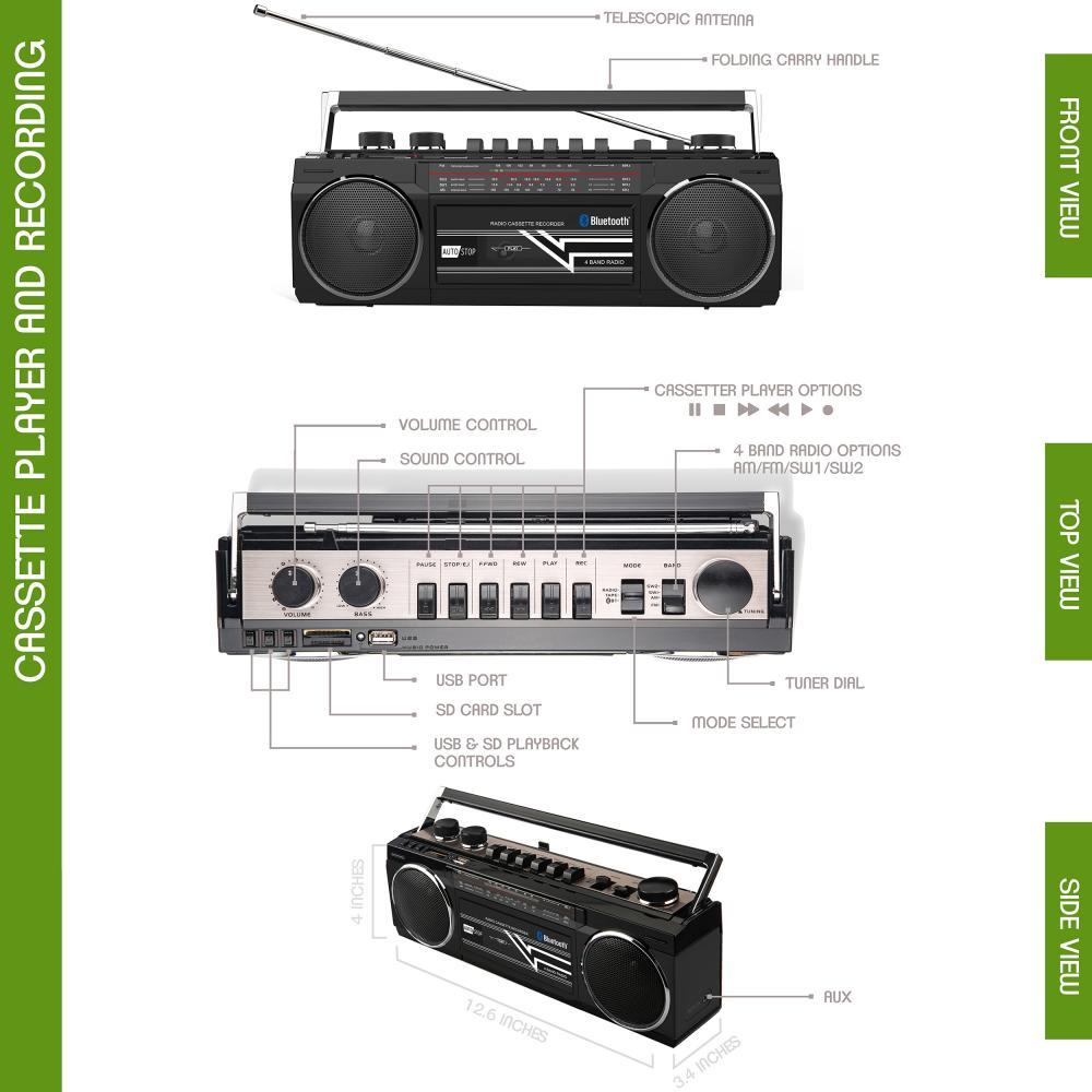 auvisio Retro-Boombox mit Kassetten-Player, Radio, USB, SD & Bluetooth, 8  Watt