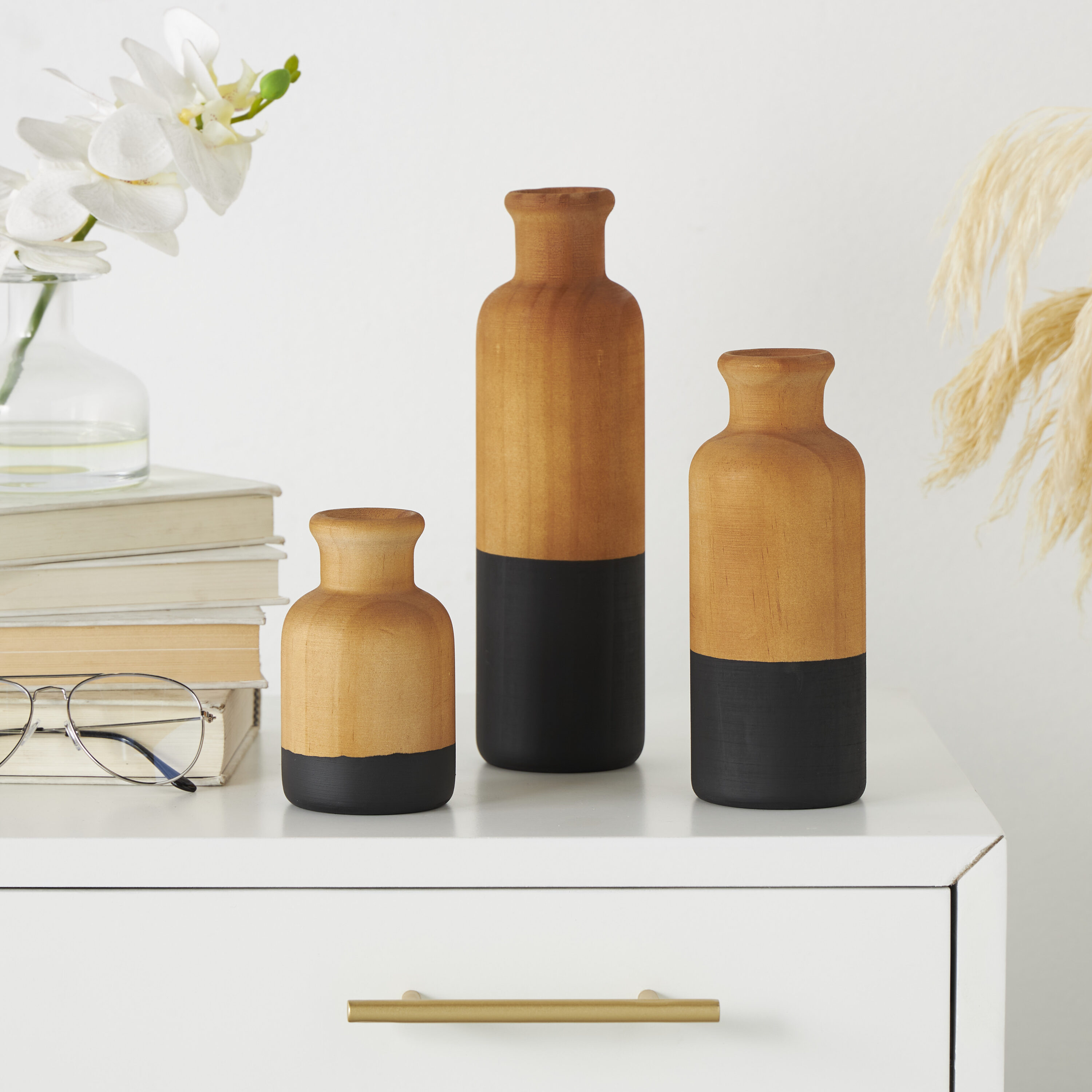 Grayson Lane 821159 3 -Pack Brown Wood Modern Vase