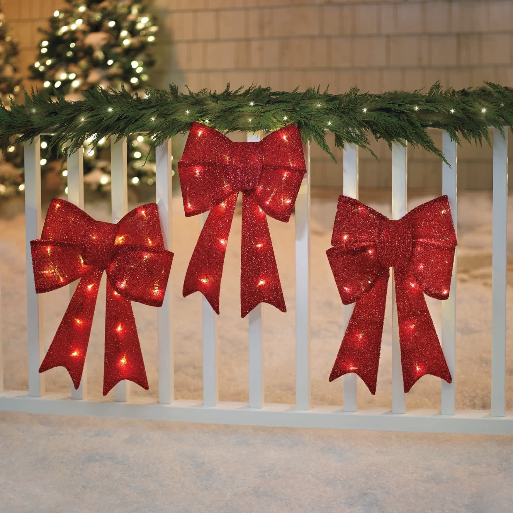 BrylaneHome Pre-Lit Tinsel Bows, Set of 3