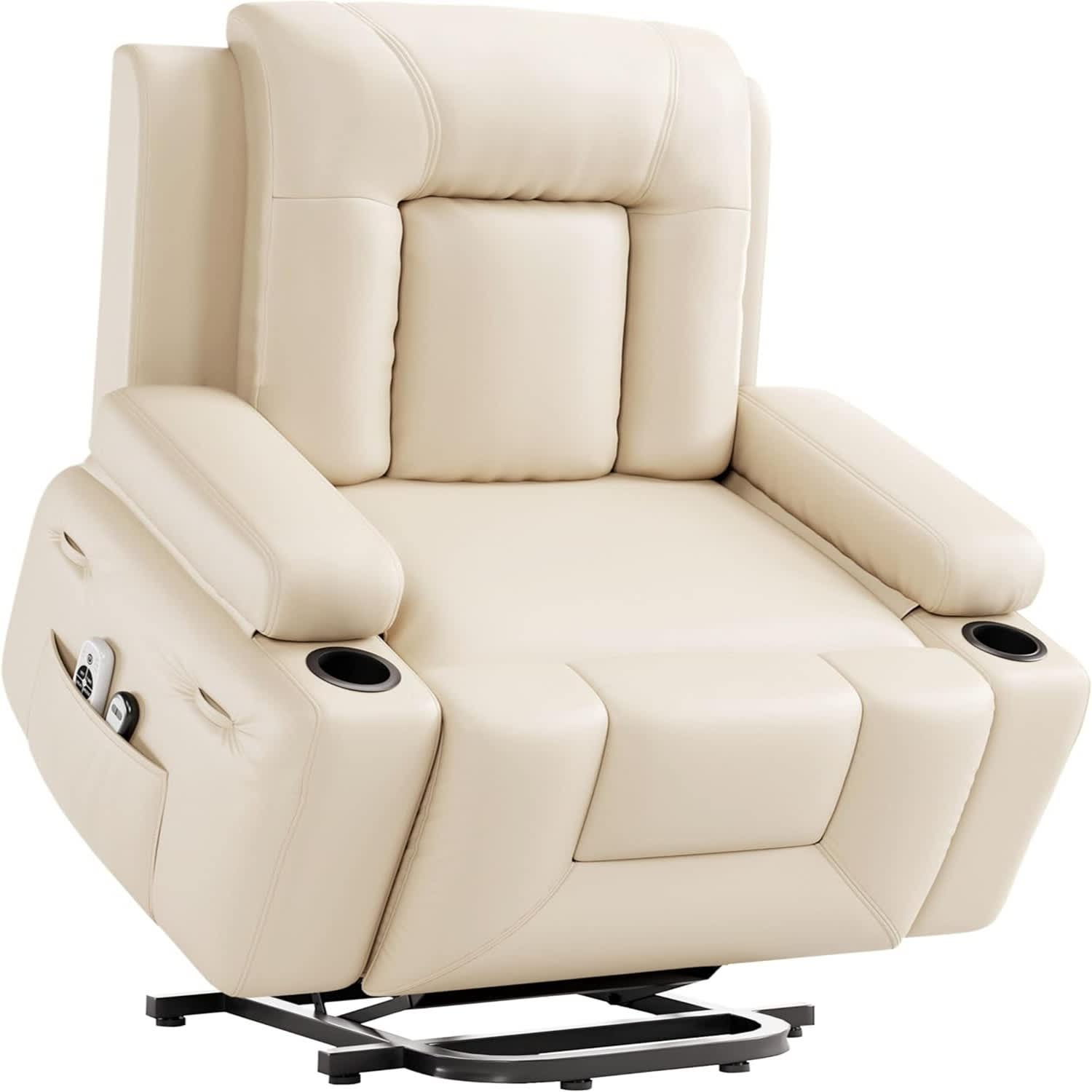 Qeetex LSHQPHO-334EGPNF 27 Inch Oversized Power Lift Recliner Chair - Heat and Massage PU Leather Electric Lift Recliner Beige (Cup Holder Style)